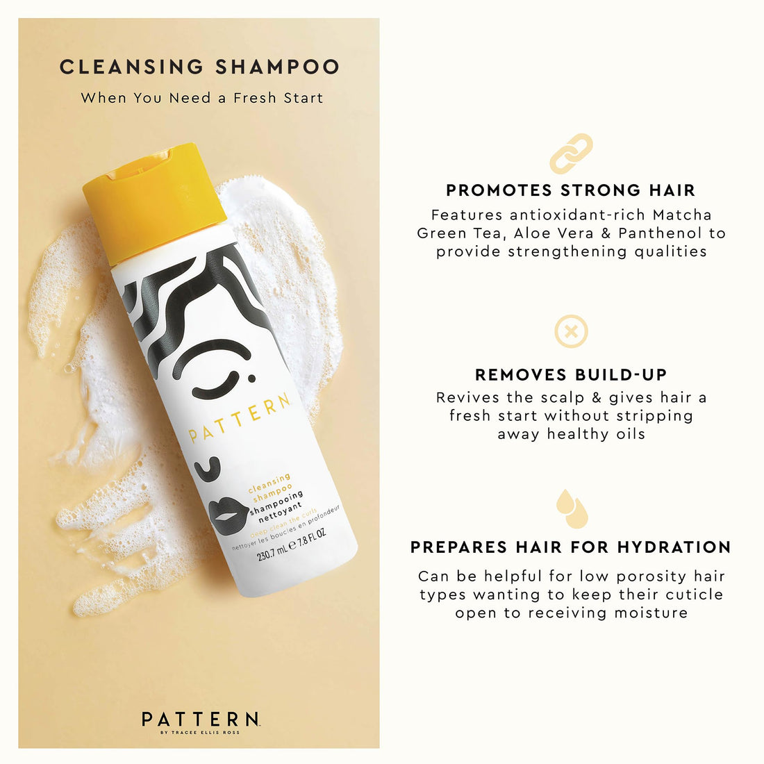 PATTERN Beauty by Tracee Ellis Ross Cleansing Shampoo w Matcha Green Tea, Aloe and Green Tea for Curls & Coils 7.8 fl oz