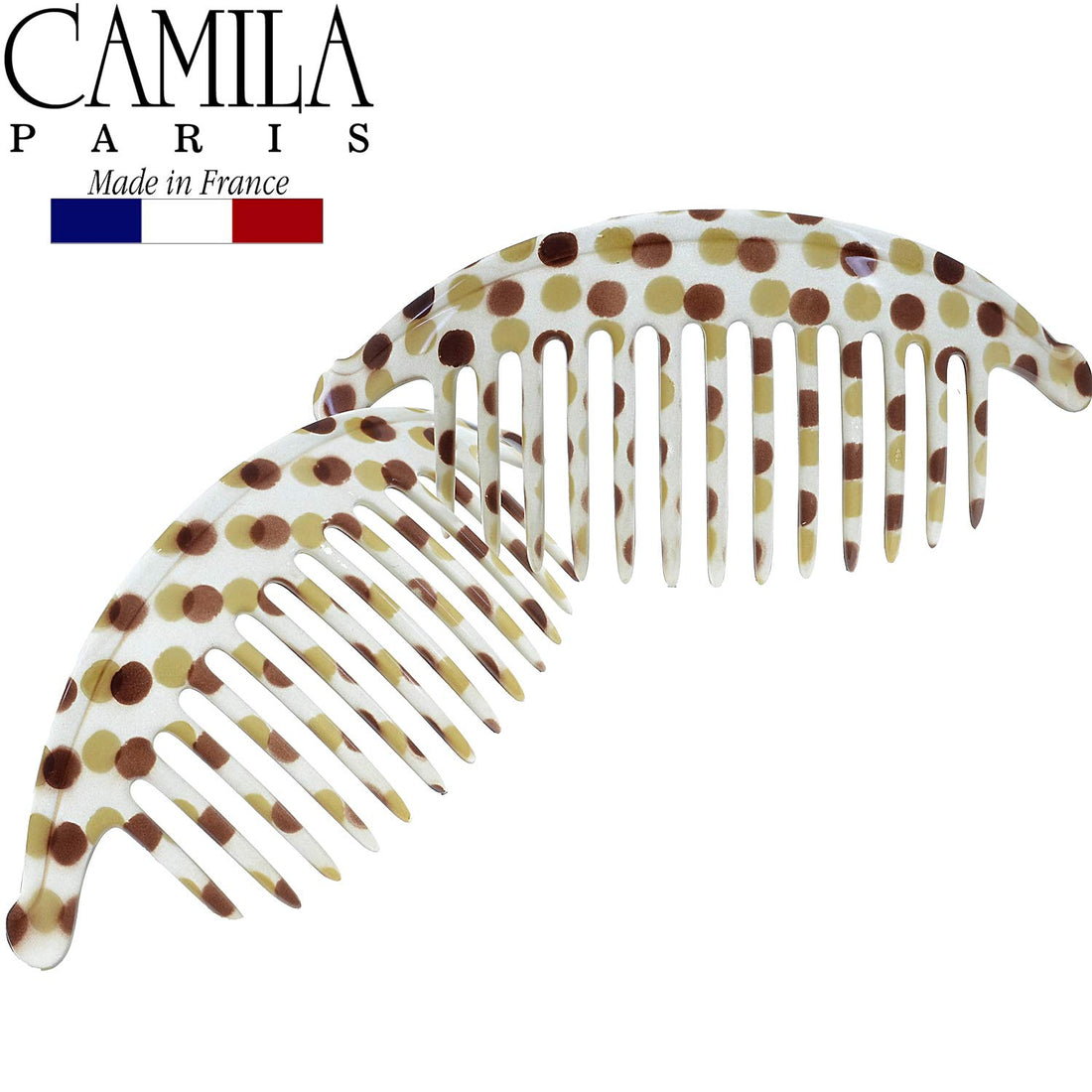Camila Paris CP1248/2 Set of 2 French Hair Side Combs, Dots Large Interlocking Combs Flexible Durable Strong Hold Hair Clips for Women, No Slip Styling Girls Hair Accessories, Made in France