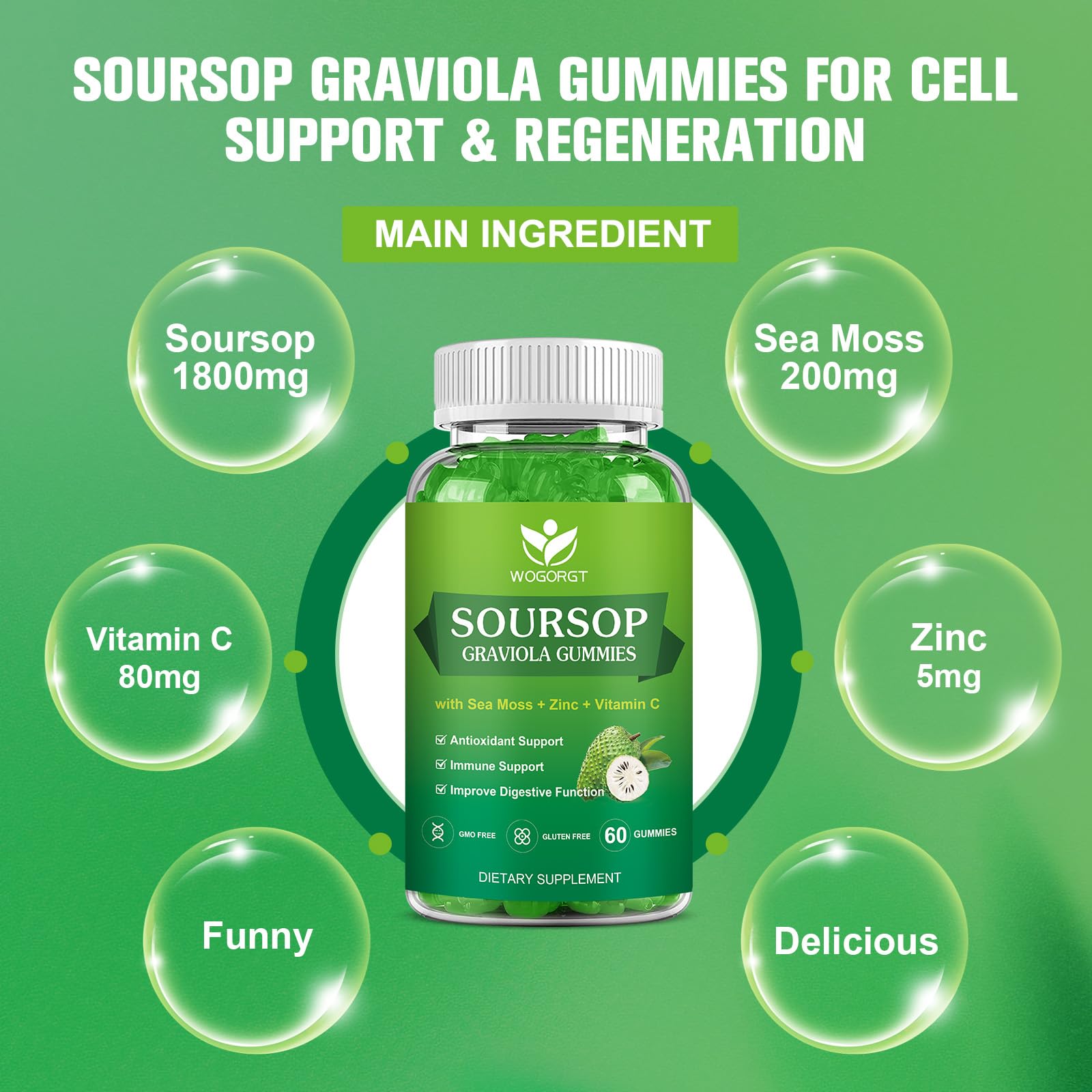 WOGORGT Soursop Graviola Gummies - Soursop Multivitamin Gummies with 200mg Sea Moss Extract for Antioxidant, Cell Support & Regeneration, Immune Support, Vegan, Apple Flavor - 60 Gummies