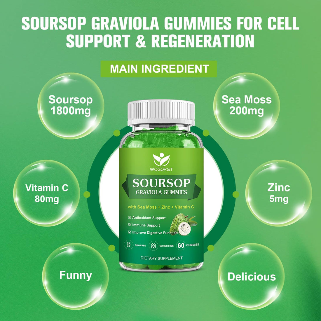 WOGORGT Soursop Graviola Gummies - Soursop Multivitamin Gummies with 200mg Sea Moss Extract for Antioxidant, Cell Support & Regeneration, Immune Support, Vegan, Apple Flavor - 60 Gummies