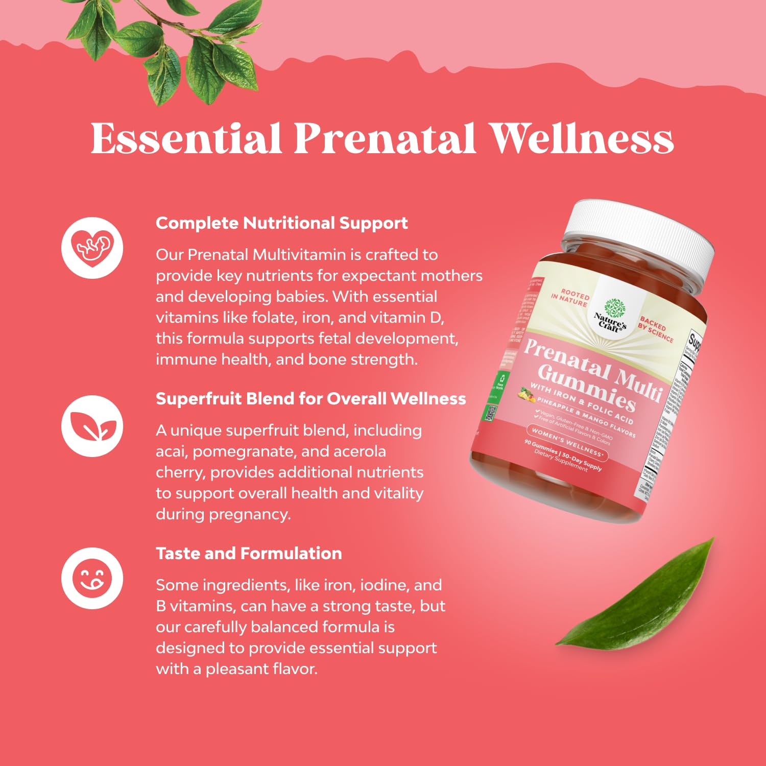 Natures Craft Vegan Prenatal Gummies for Women - Gummy Prenatal Vitamins for Women with Iron Folic Acid and Superfruit Blend - Chewable Vitamins Gummy Formula (Pineapple Mango) 1 Month