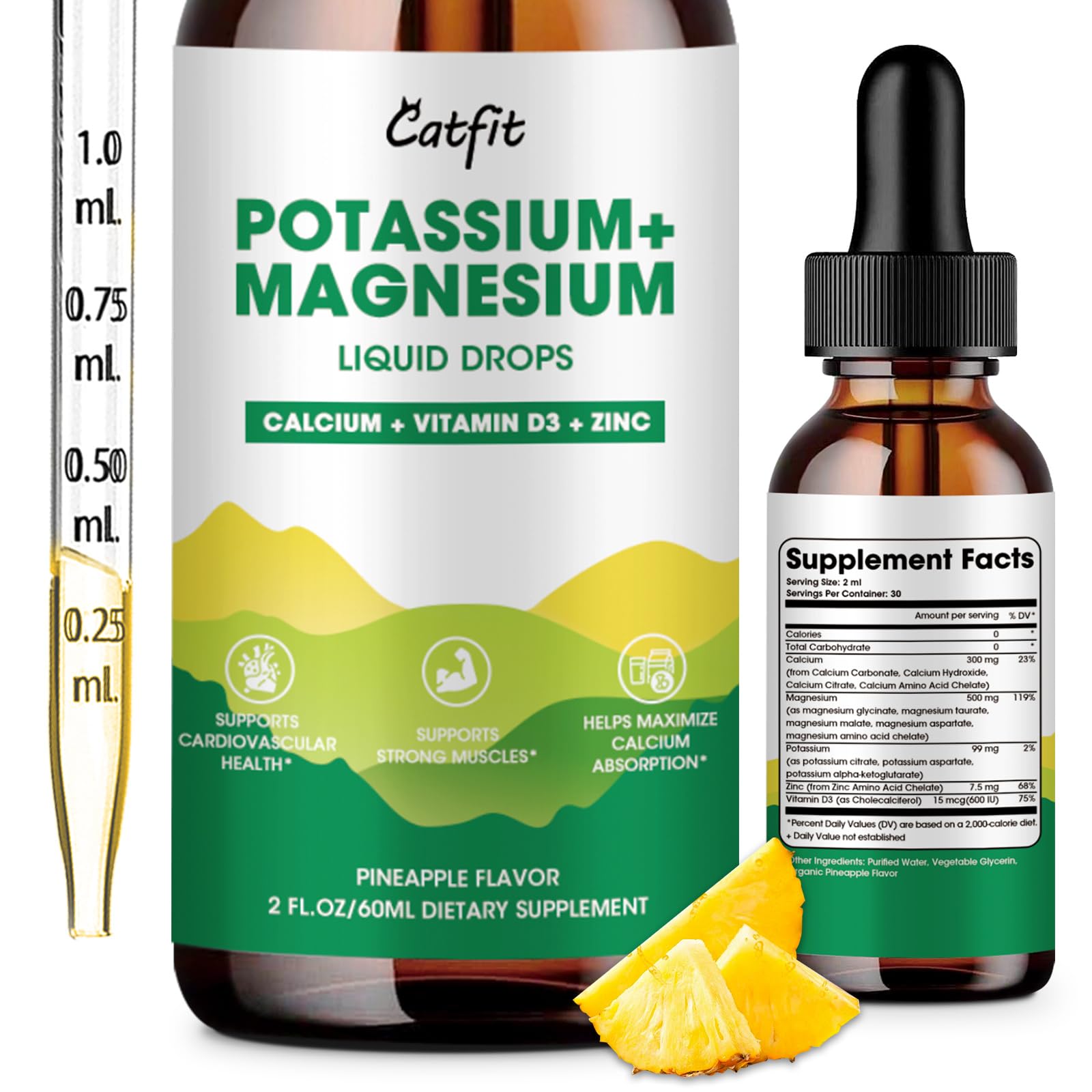Potassium Magnesium Glycinate Supplement-High Absorption Magnesium Complex Liquid Drop with Calcium, Potassium, Vitamin D3 & Zinc for Sleep,Leg Cramps, Muscles & Energy, Sugar Free&Vegan 2 Fl Oz