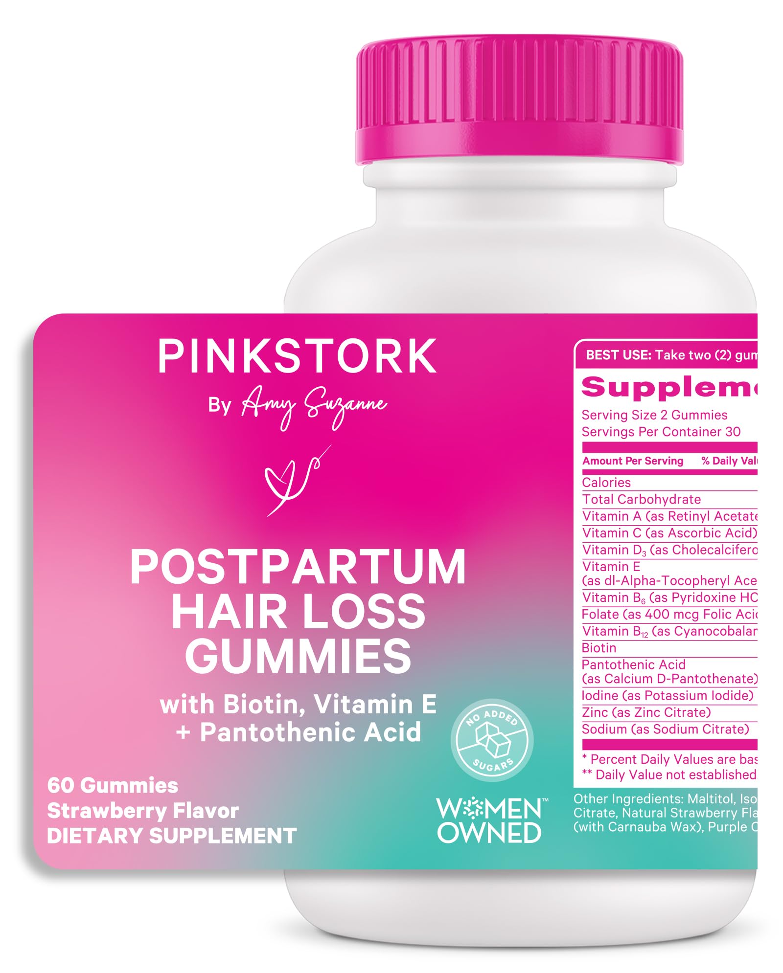 Pink Stork Postpartum Hair Loss Gummies - Biotin with Vitamin E, Pantothenic Acid, B6 & B12 for Beautiful & Strong Hair, Skin, and Nails - Postpartum Essentials for New Moms - 60 Gummy Vitamins