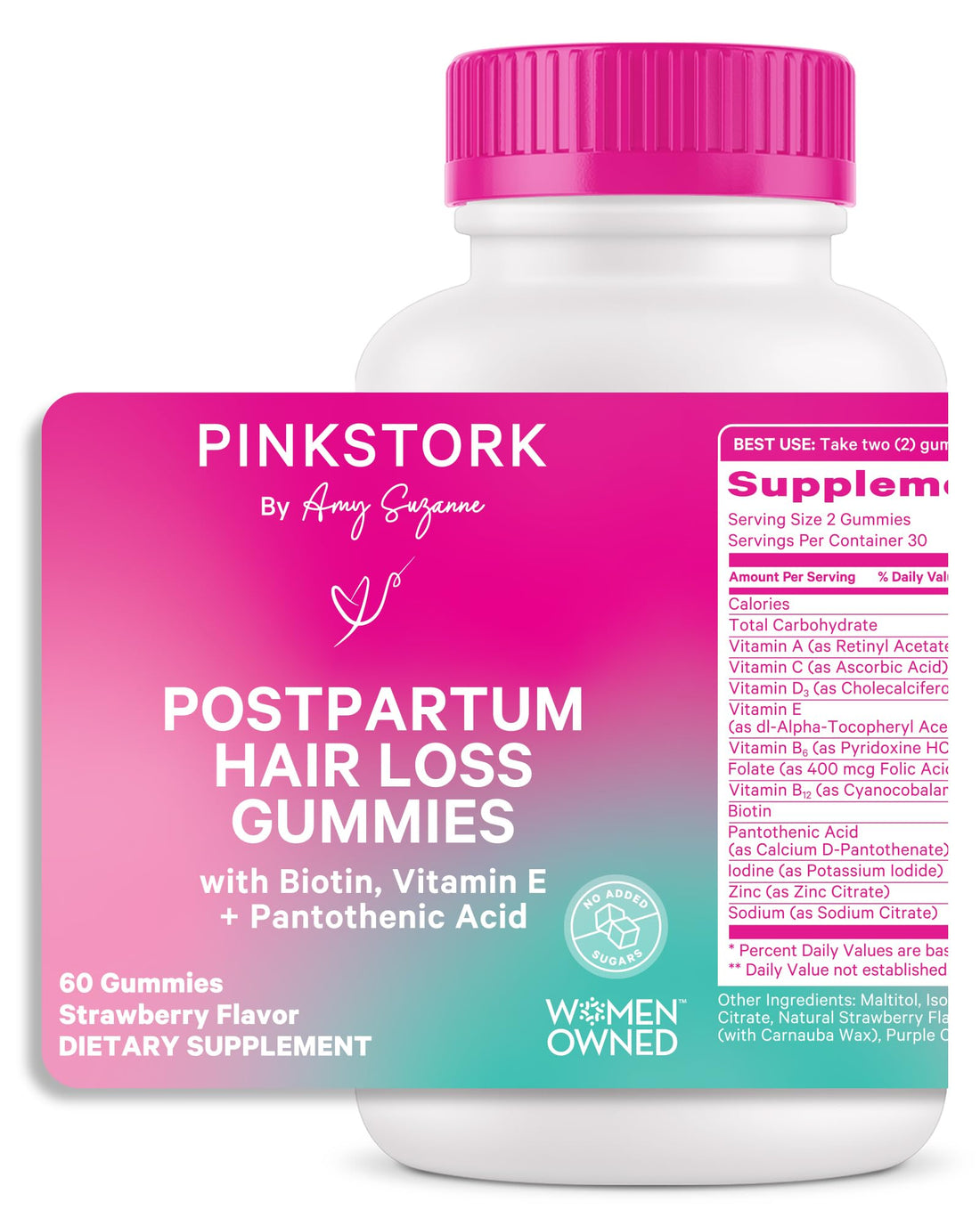 Pink Stork Postpartum Hair Loss Gummies - Biotin with Vitamin E, Pantothenic Acid, B6 & B12 for Beautiful & Strong Hair, Skin, and Nails - Postpartum Essentials for New Moms - 60 Gummy Vitamins