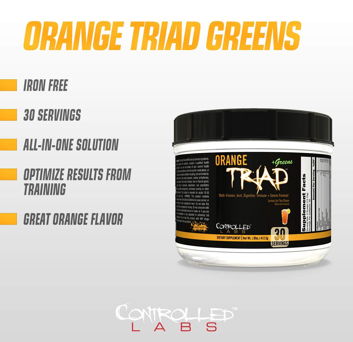 CONTROLLED LABS Orange Triad Plus Greens for Men and Women, 30 Servings Iron Free Sports Supplement for Overall Health, Multivitamin, Digestion, Immune System, and Joint Health