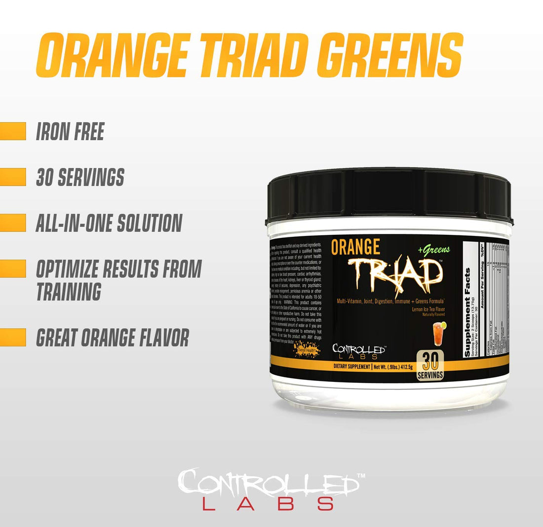 CONTROLLED LABS Orange Triad Plus Greens for Men and Women, 30 Servings Iron Free Sports Supplement for Overall Health, Multivitamin, Digestion, Immune System, and Joint Health