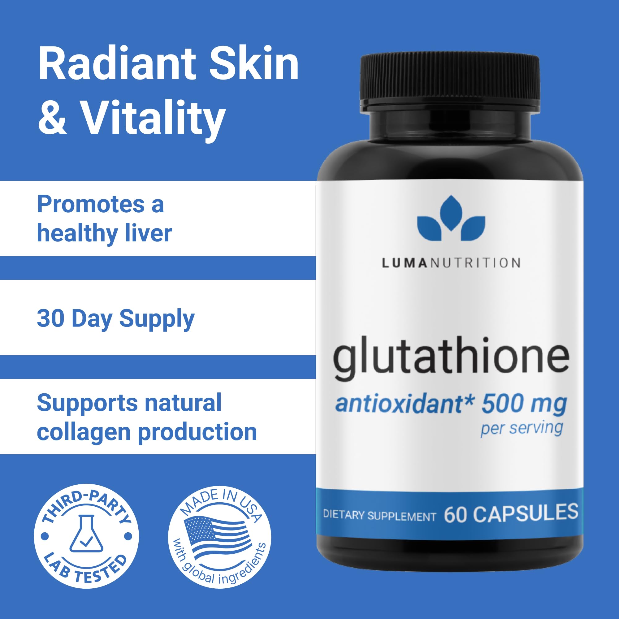 Premium Glutathione - Reduced Glutathione 500mg - Glutathione Supplement - L-Glutathione - Antioxidant Support - Liver Support - 60 Capsules