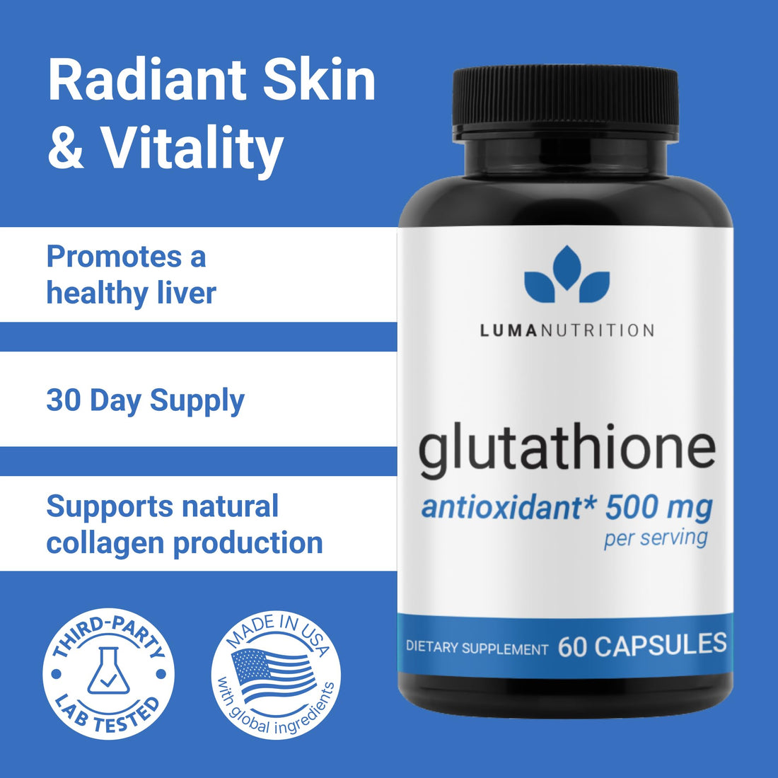 Premium Glutathione - Reduced Glutathione 500mg - Glutathione Supplement - L-Glutathione - Antioxidant Support - Liver Support - 60 Capsules