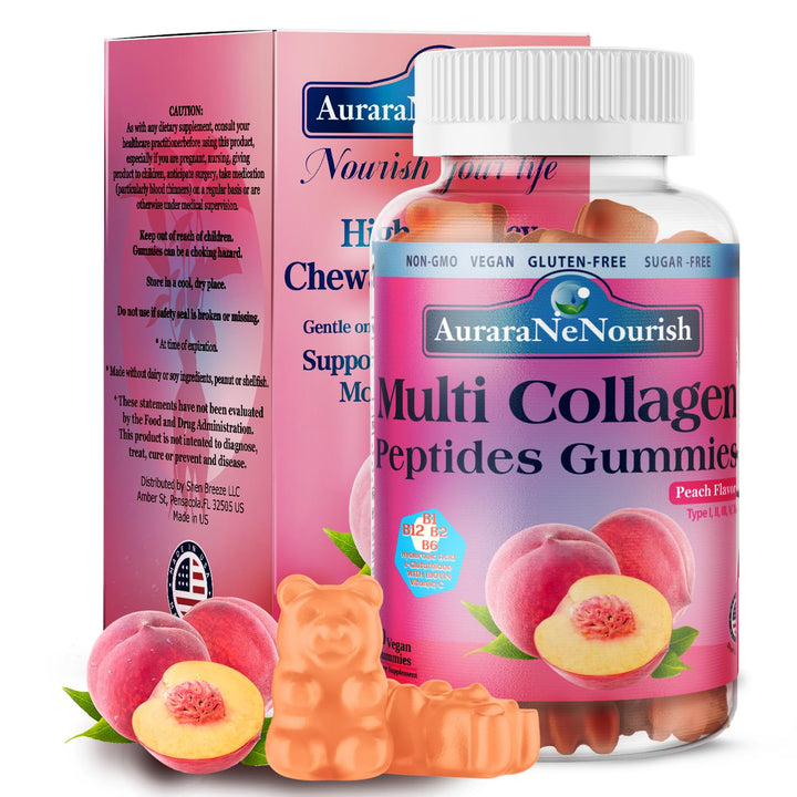 Multi Collagen Peptides Gummies, Sugar Free Hydrolyzed 5000mg ProteinType I,II,III,V,X with Biotin Hyaluronic Acid Vitamin C A D B6 B12 L-Glutathione for Skin Hair Nail Joint Bone -Peach Gummies