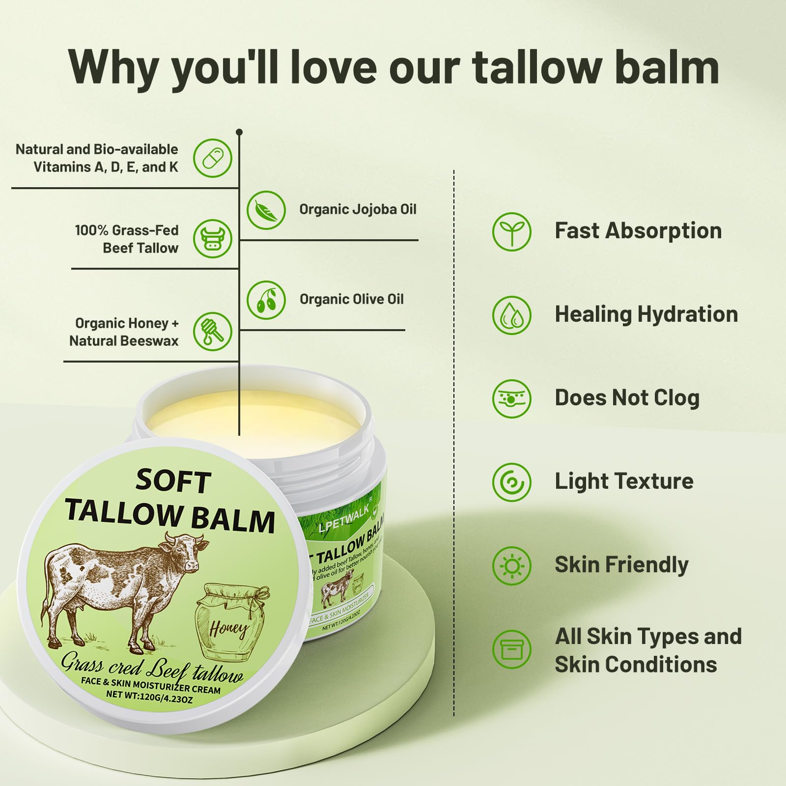 LPETWALK Beef Tallow for Skin - 4.2 oz Whipped Beef Tallow and Honey Balm -Grass-Fed Organic Tallow Face Cream -Natural Tallow Face Moisturizer - Moisturizer Body Skin Care for All Skin