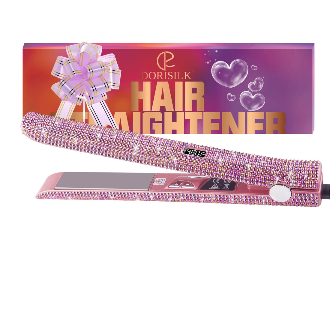 Professional Hair Straightener, DORISILK Titanium Flat Iron Rhinestone Straightening Iron, Salon High Heat 470 Degrees, Dual Voltage, Rose Gold