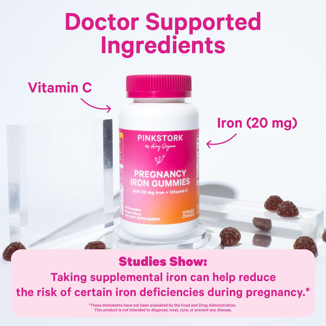 Pink Stork Prenatal Iron Supplement Gummies for Women - 20 mg with Vitamin C - Grape Chewable for Deficiency, Energy, & Blood Builder - 60 Gummy Chews