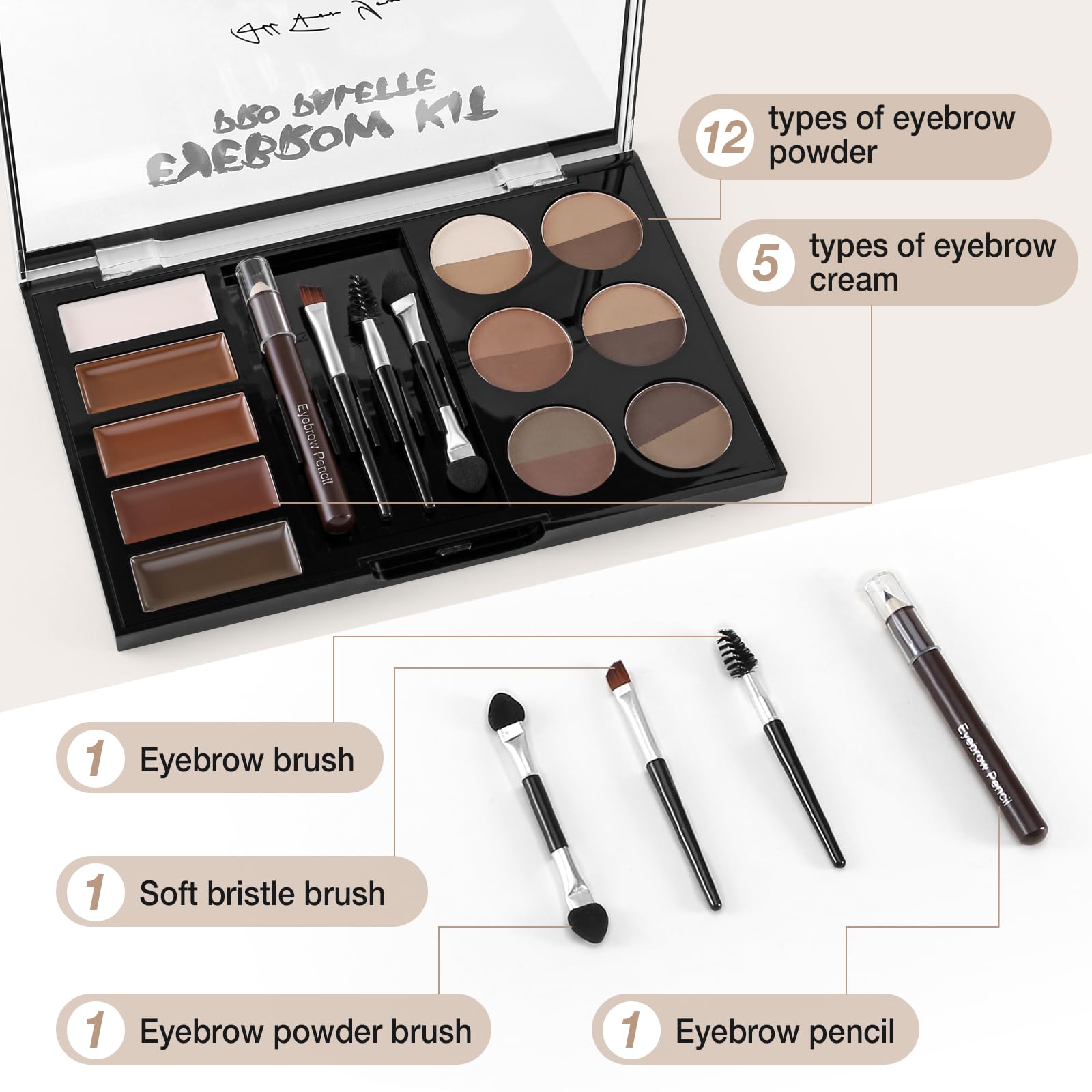 Apooliy Eyebrow Powder Palette Set - 12 Colors, 5 Mascaras, 4 Stencils, Brush & Pencil, Volumizing Gel for Natural Brows
