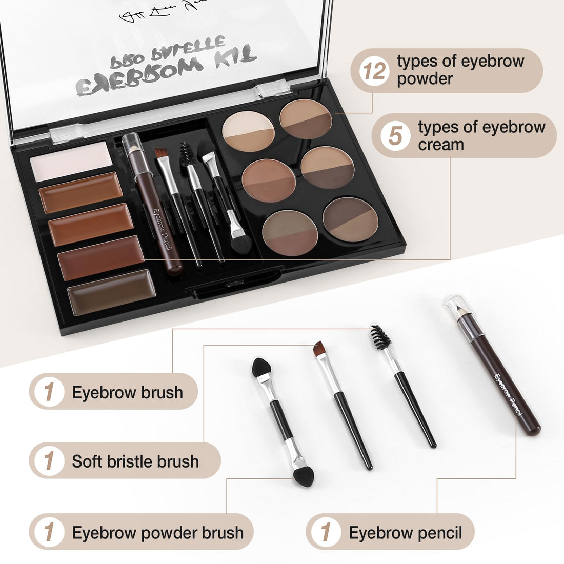 Apooliy Eyebrow Powder Palette Set - 12 Colors, 5 Mascaras, 4 Stencils, Brush & Pencil, Volumizing Gel for Natural Brows