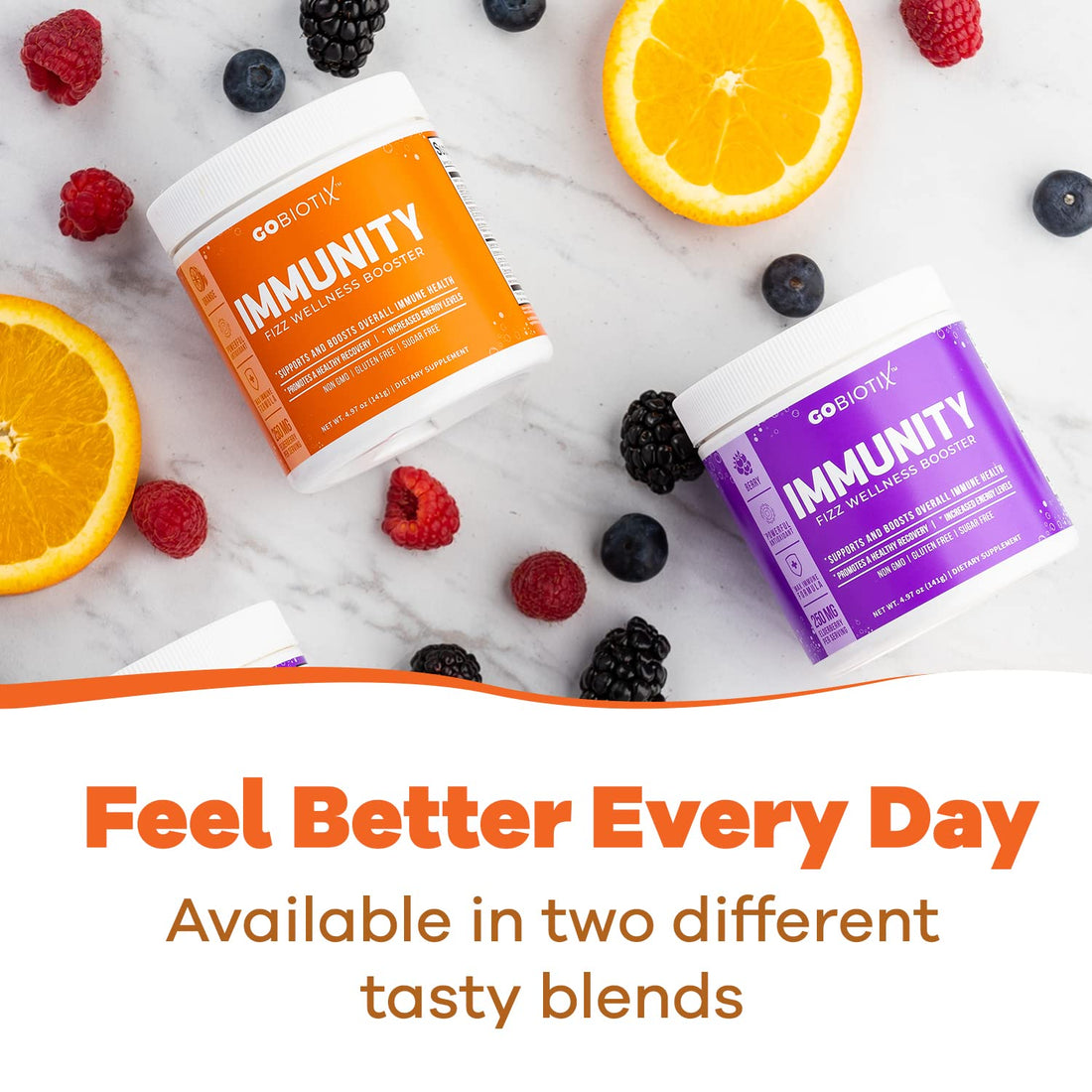 GOBIOTIX Vitamin C - Immune Defense Support Supplement - Immunity Powder Wellness Booster - Vegan Superfood - Elderberry, Turmeric, B12 Vitamin Supplement, Non-GMO and Sugar Free (Orange)