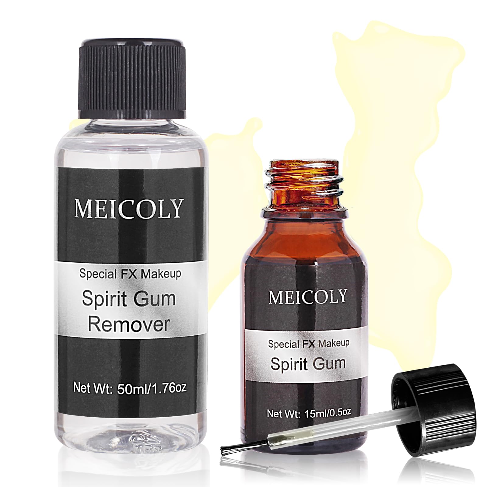 MEICOLY Spirit Gum Adhesive and Remover Combo Kit,0.5OZ Spirit Gum+1.76OZ Remover,Prosthetic Bald Cap Adhesive Glue,Face Skin Glue for Costume,Pro Makeup Glue Adhesive for Face Body Mustache Beard