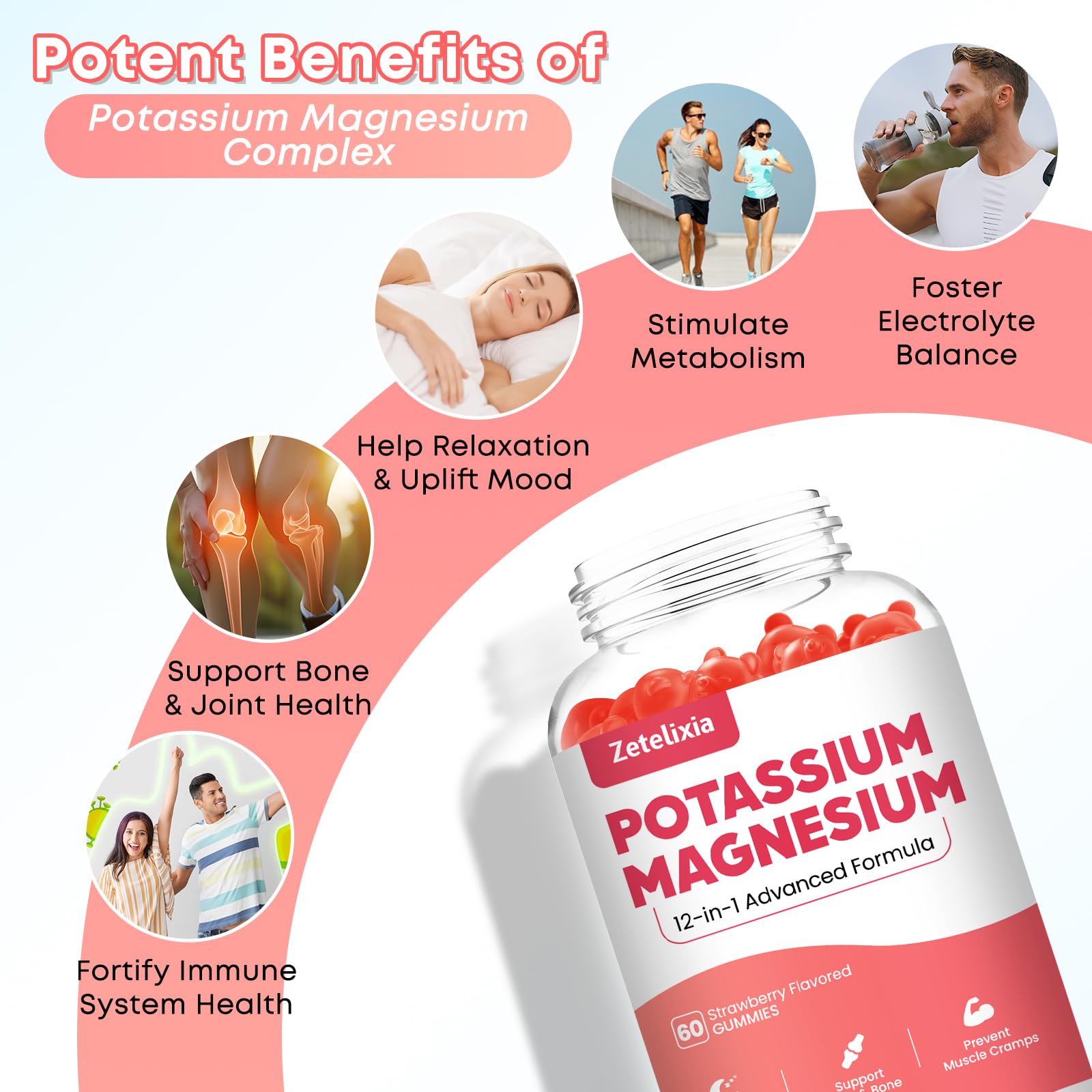 Potassium Magnesium Supplement Gummies for Adults Kids, Magnesium Glycinate & Potassium Citrate, Plus Multivitamin,Omega-3 & Black Pepper, Leg Cramps, Muscle & Heart Health, 120ct