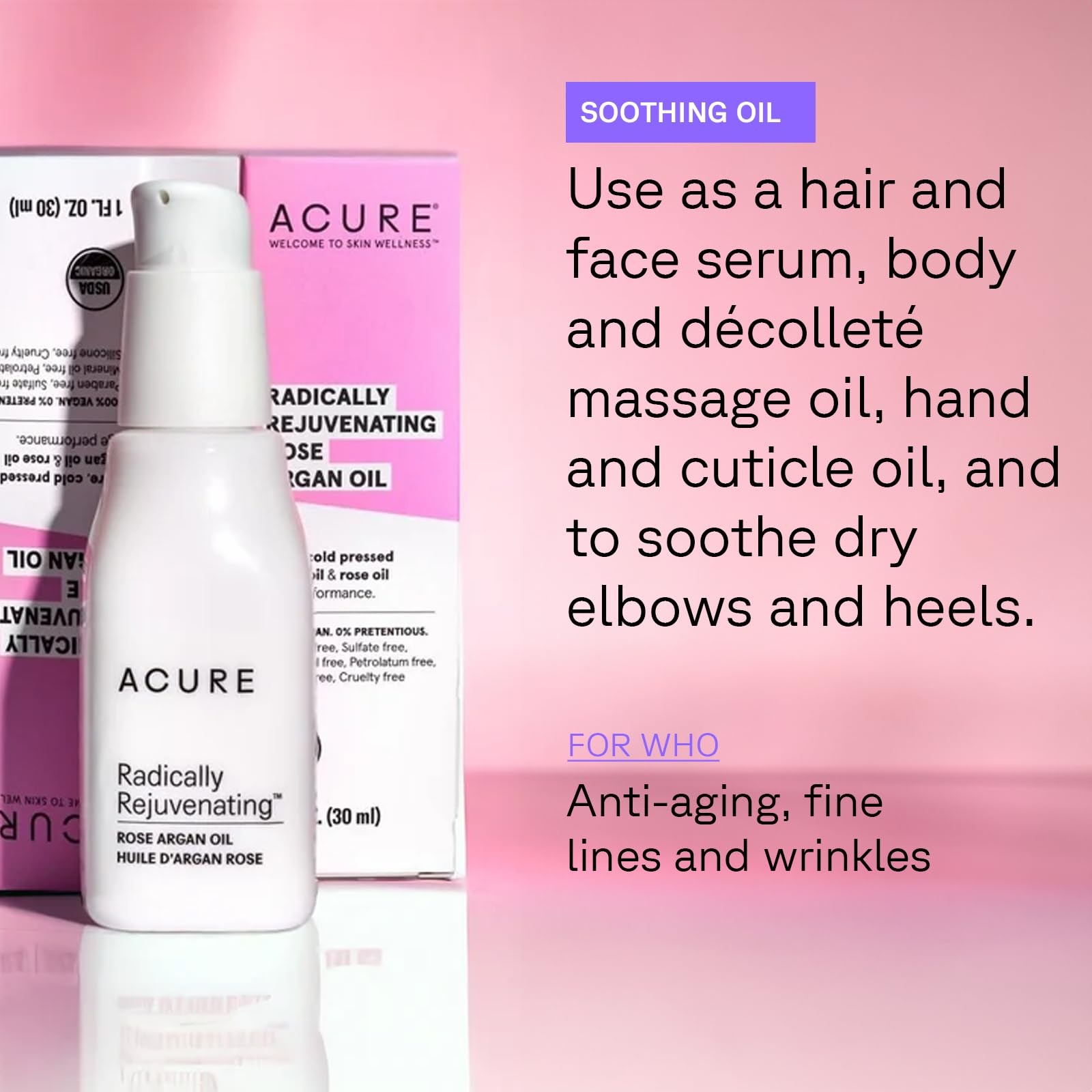 ACURE Radically Rejuvenating Rose Argan Oil | 100% Vegan | Provides Anti-Aging Support | Pure, Cold Pressed & Rich in Vitamin E - Hydrates & Restores | 1 Fl Oz