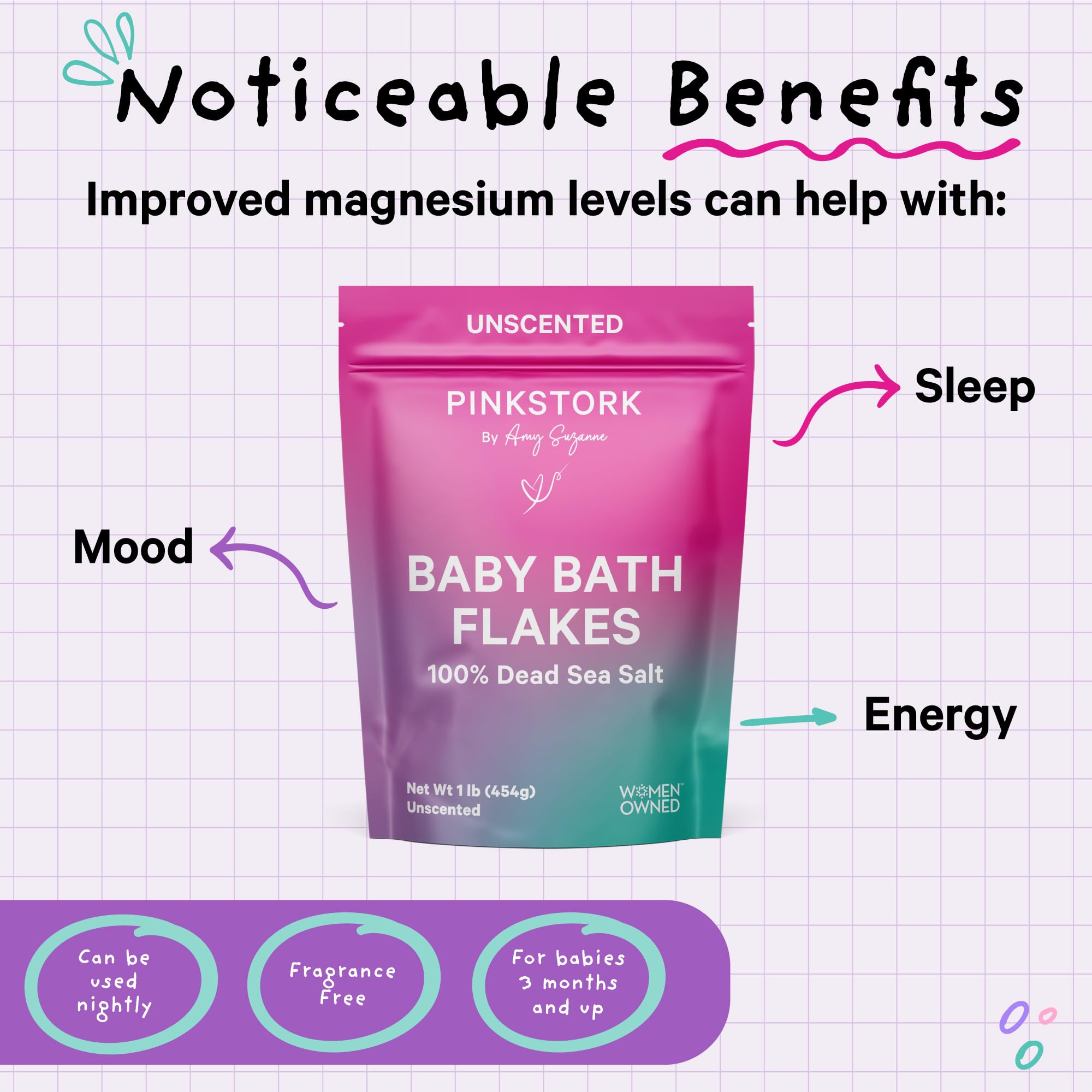 Pink Stork Baby Bath Flakes, Calming Fragrance Free Magnesium Bath Salts for Infants and Toddlers to Help Soothe Diaper Rash, Irritation, and Support Restful Sleep Without Melatonin - 16 oz