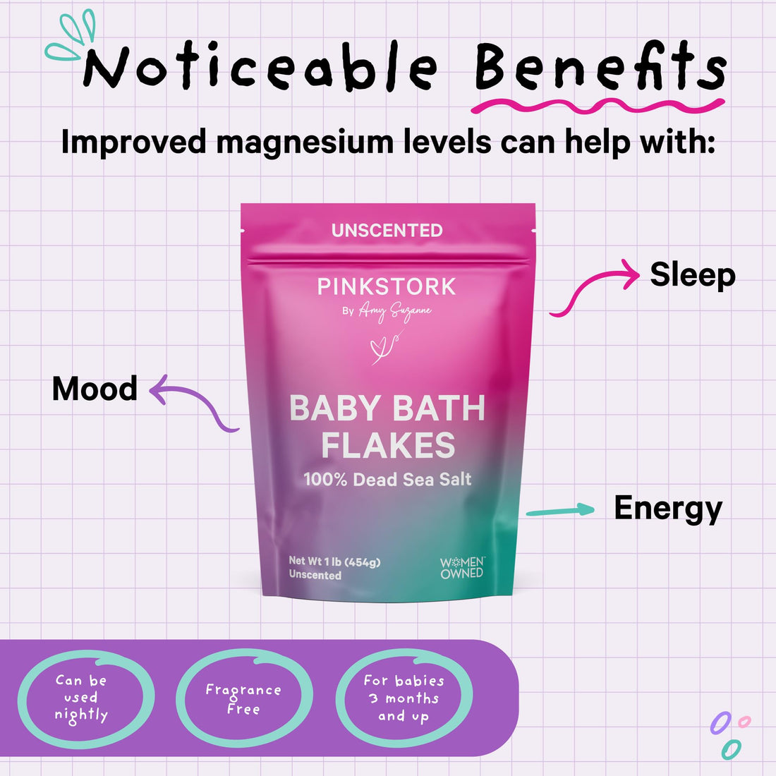 Pink Stork Baby Bath Flakes, Calming Fragrance Free Magnesium Bath Salts for Infants and Toddlers to Help Soothe Diaper Rash, Irritation, and Support Restful Sleep Without Melatonin - 16 oz
