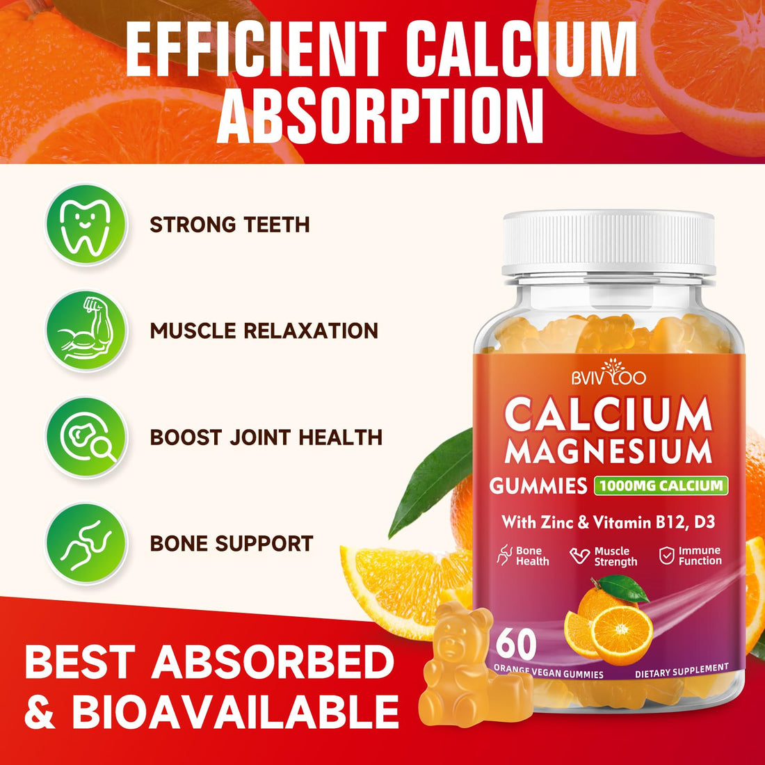 Calcium Gummies 1000mg with Vitamin D3 K2 & B Complex, Potassium, Calcium Magnesium Zinc Gummies for Bone, Muscle, Mood and Immunity - Orange Flavor 60 Gummies