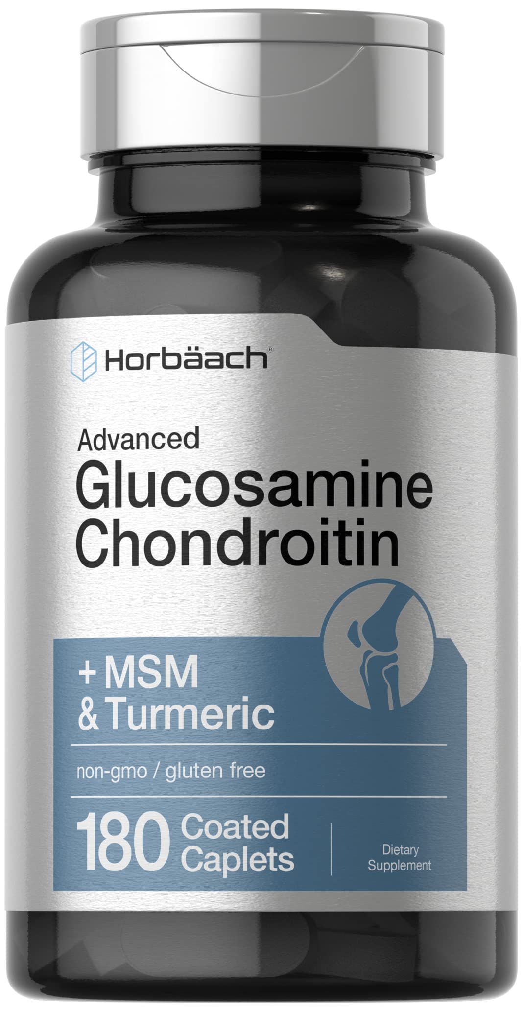 Horbäach Glucosamine Chondroitin | Plus MSM & Turmeric | 180 Coated Caplets | Non-GMO, Gluten Free Supplement