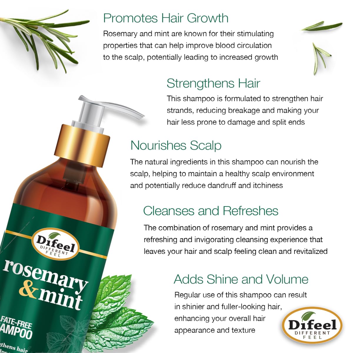 Difeel Elevated Rosemary and Mint Shampoo 33.8 oz. - Made with Natural Rosemary Oil for Hair Growth, Paraben Free Shampoo