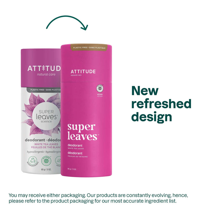 ATTITUDE Plastic-Free Natural Deodorant, Biodegradable Cardboard Tube, Aluminum-Free and Hypoallergenic, 3 Oz Packaging May Vary 11997, White Tea Leaves, 1 Count