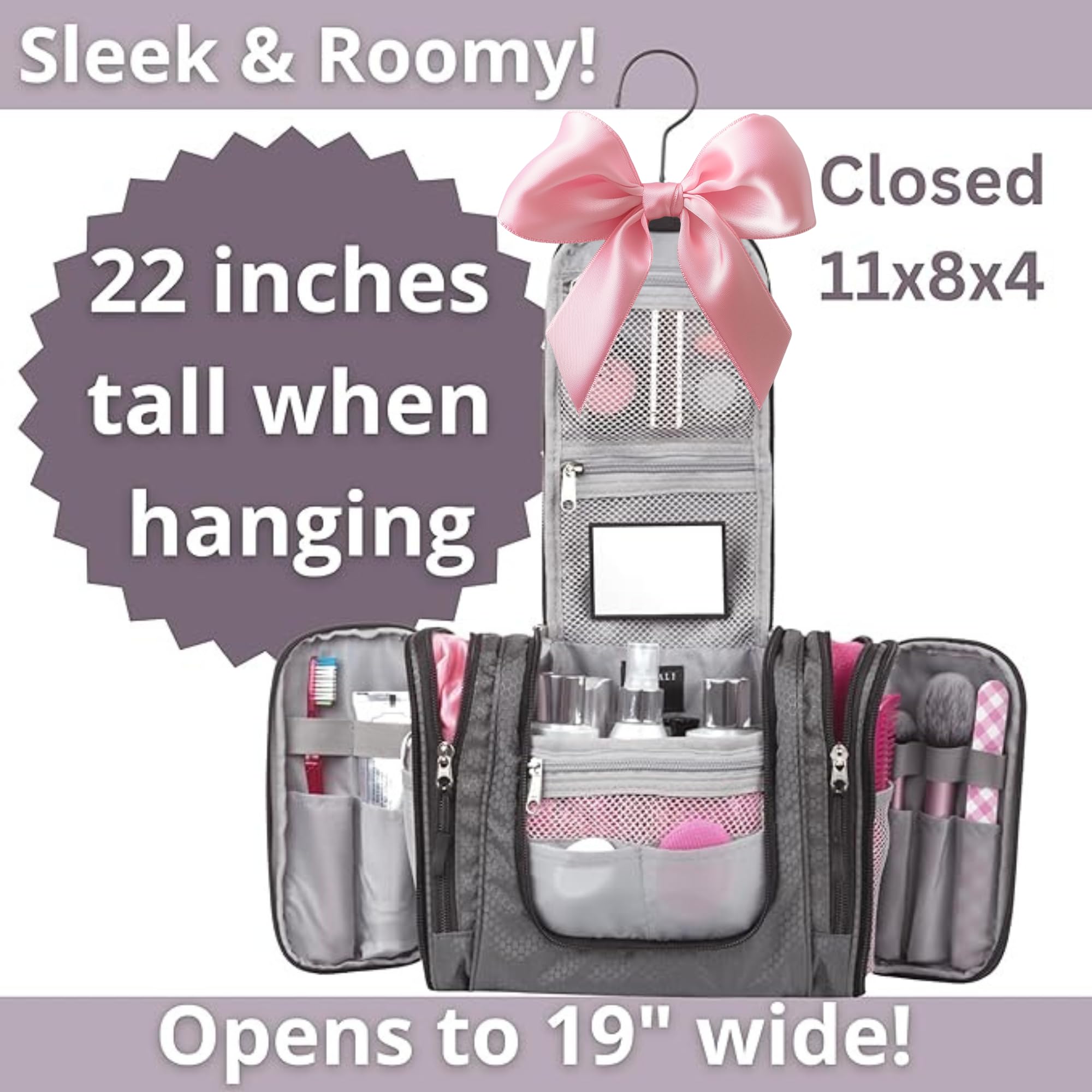 BORSALI Hanging Toiletry Bag for Women with Mirror - Medium Travel Bag for Toiletries & Travel Essentials - Compact Yet Roomy - 22 Compartments & Mesh Back Pocket - Sturdy Swivel Hook