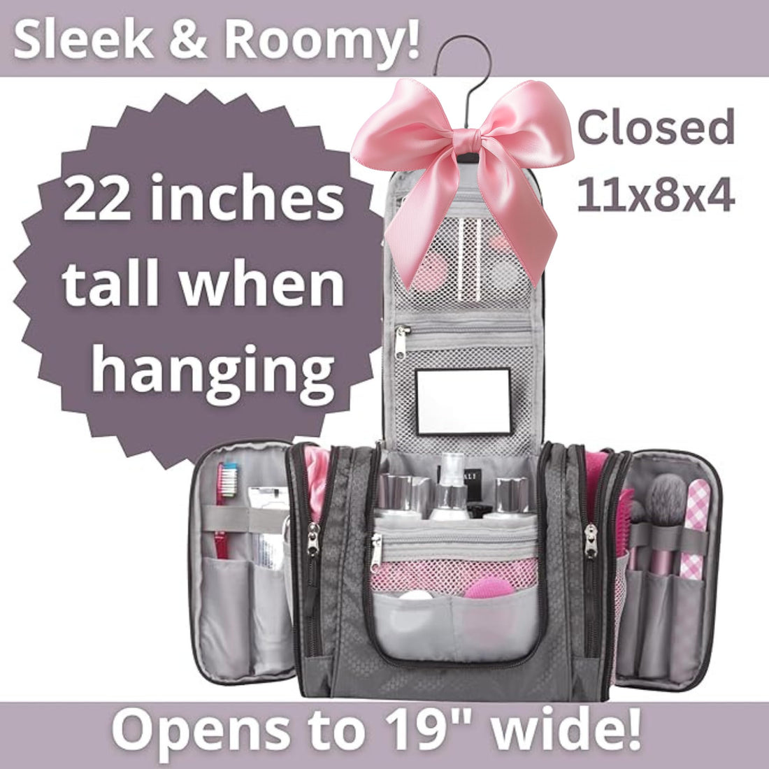 BORSALI Hanging Toiletry Bag for Women with Mirror - Medium Travel Bag for Toiletries & Travel Essentials - Compact Yet Roomy - 22 Compartments & Mesh Back Pocket - Sturdy Swivel Hook