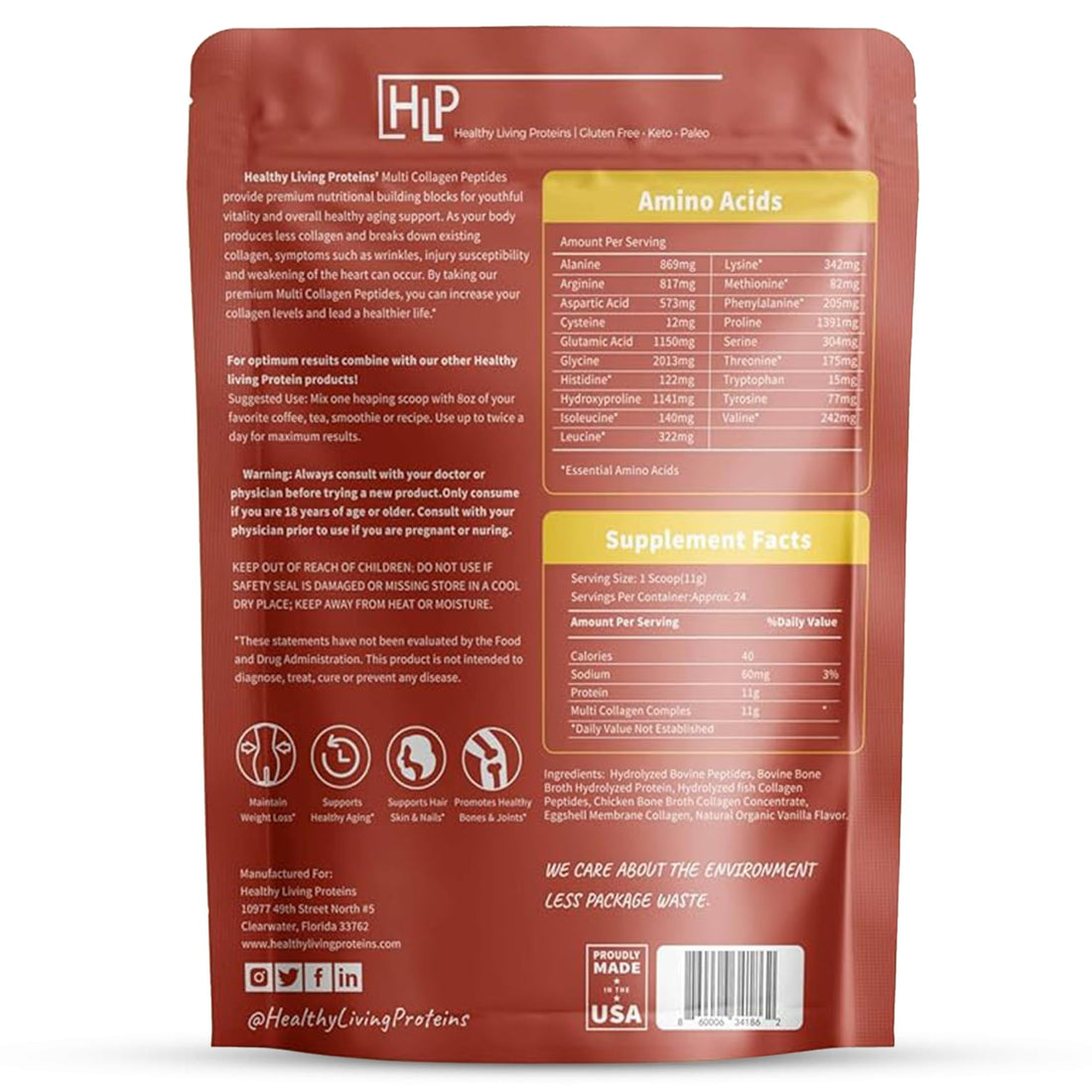 Healthy Living Proteins - Hydrolyzed Multi Collagen Peptides Powder Types I, II, III, V & X - Grass Fed Bovine, Wild Caught Marine, Free Range Chicken - Gluten Free (Vanilla, 16 oz)