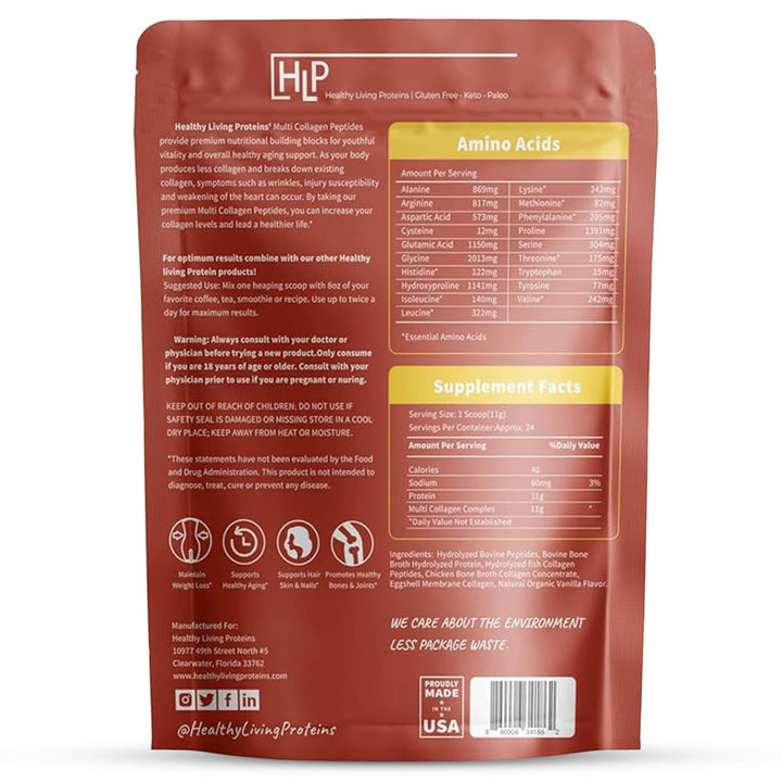 Healthy Living Proteins - Hydrolyzed Multi Collagen Peptides Powder Types I, II, III, V & X - Grass Fed Bovine, Wild Caught Marine, Free Range Chicken - Gluten Free (Vanilla, 16 oz)