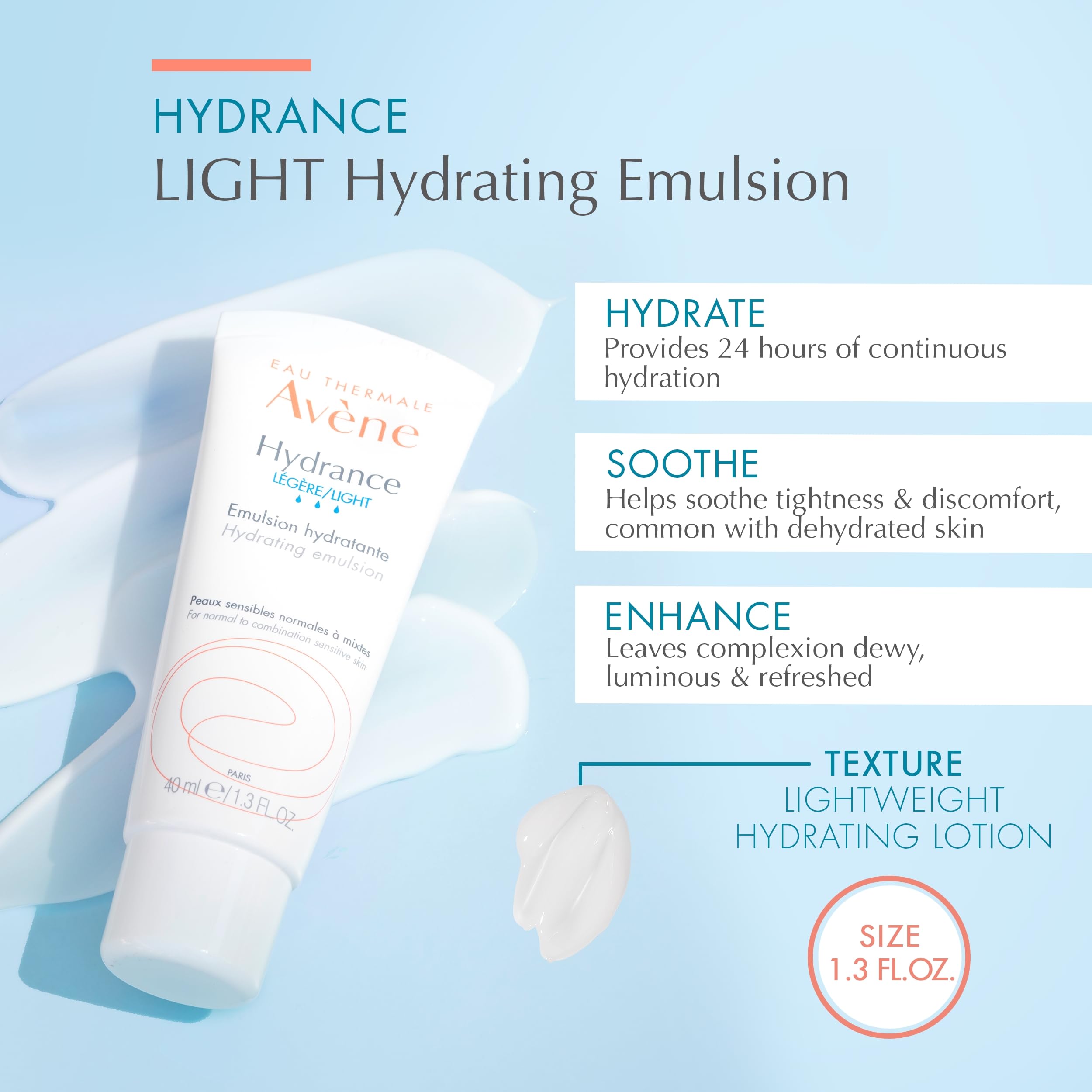 Avène Hydrance LIGHT Hydrating Emulsion, Daily Face Moisturizer Cream, Non-Comedogenic, 1.3 Oz