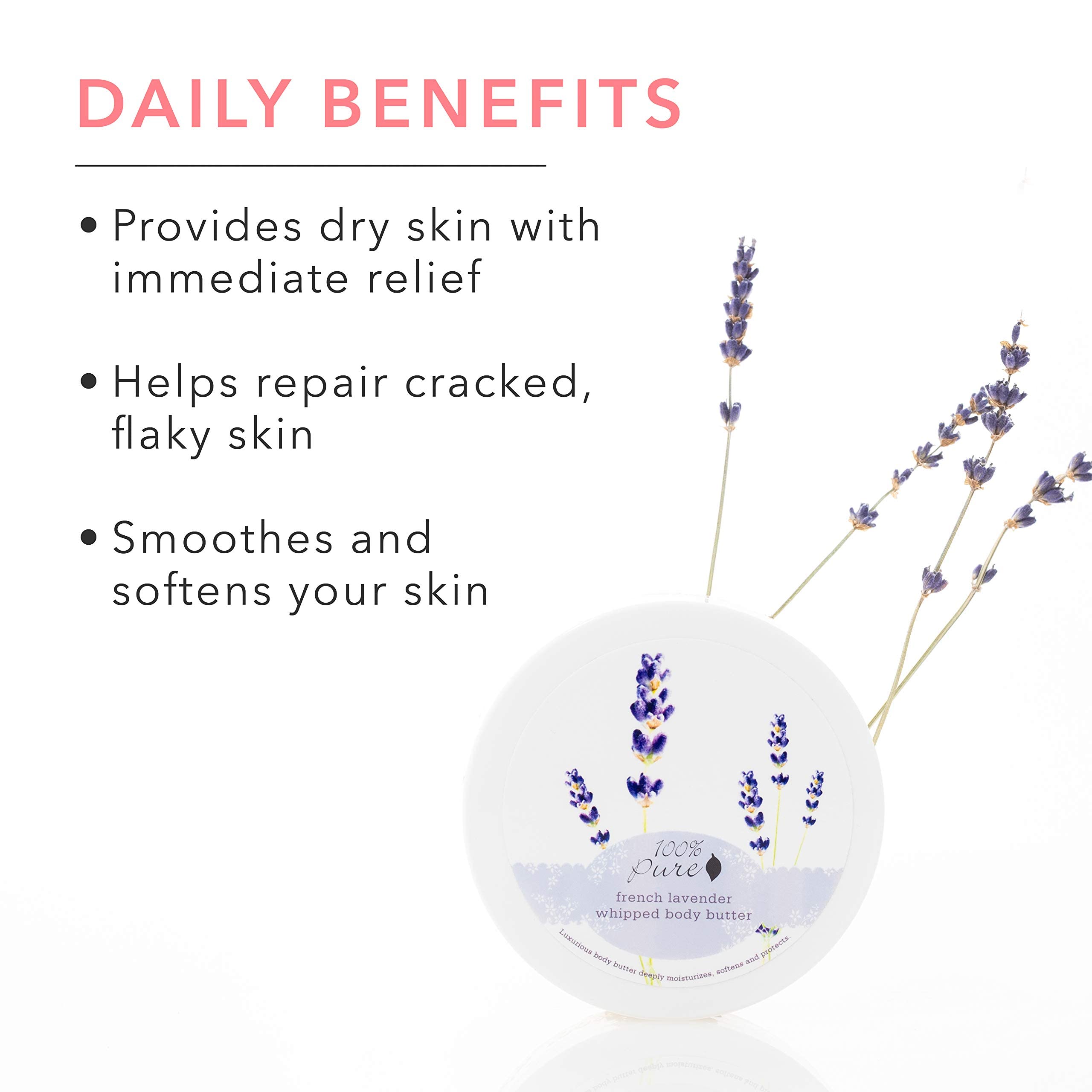 100% PURE French Lavender Whipped Body Butter, Body Lotion for Dry Skin, Made with Shea Butter, Cocoa Butter, Moisturizing Body Cream, Natural Lotion - 3.4 oz