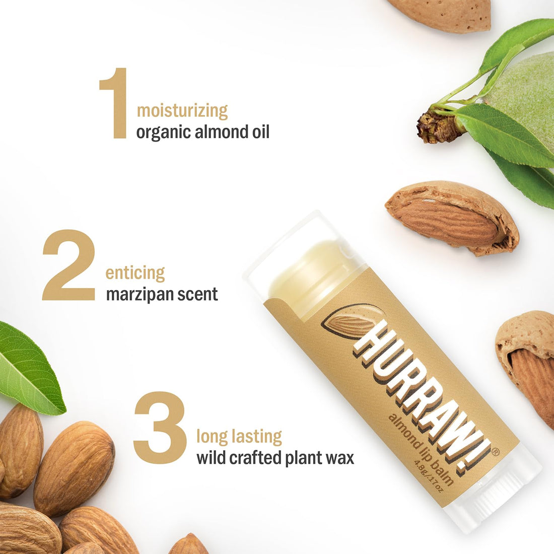 Hurraw! Almond Lip Balm, 2 Pack: Organic, Certified Vegan, Cruelty and Gluten Free. Non-GMO, 100% Natural Ingredients. Bee, Shea, Soy and Palm Free. Made in USA