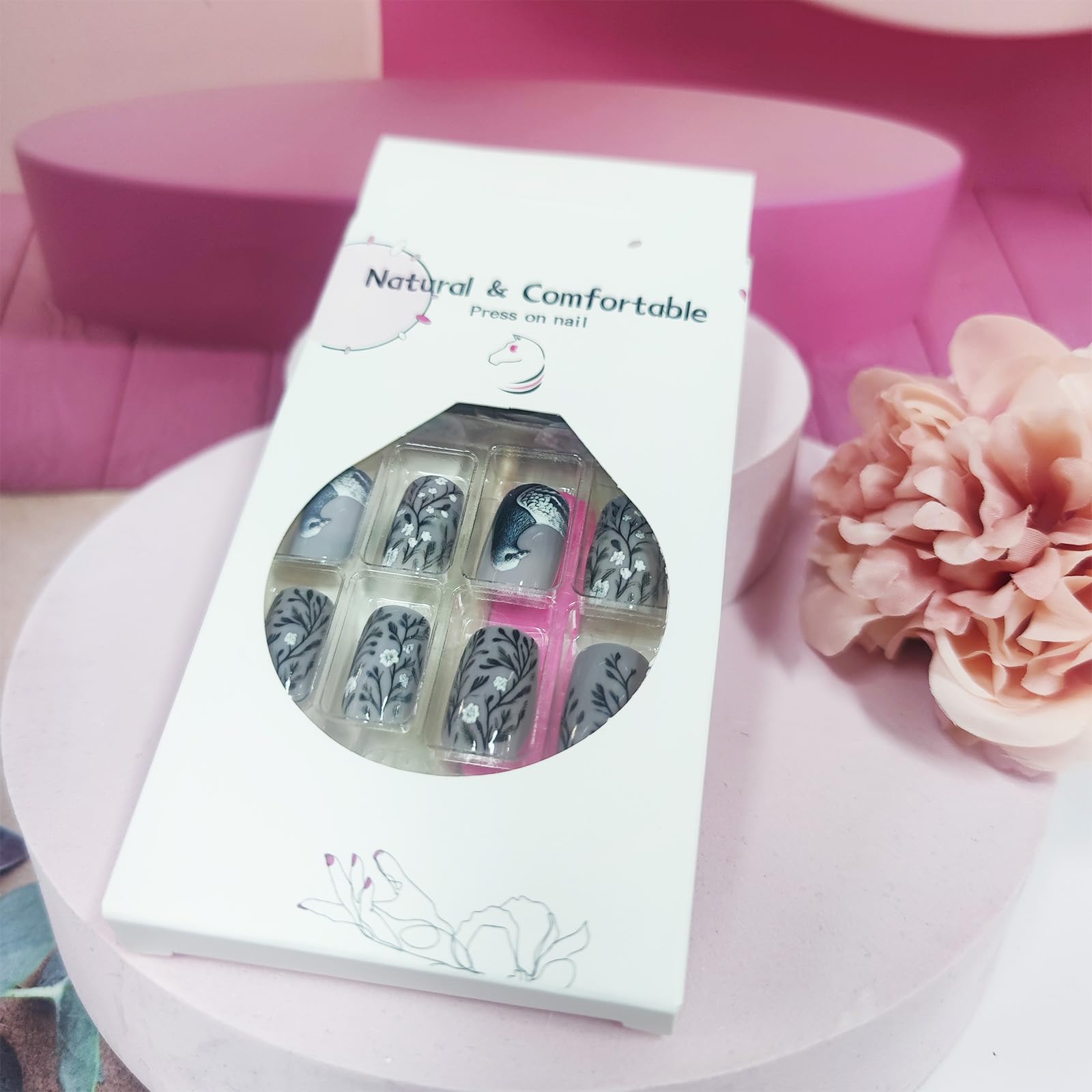 Medium Square White Flower Press on Nails Dove of Peace False Nails 24Pcs Black Leaves Acrylic Fake Nails Glossy Ash Pigeon Stick on Nails Spring Flower Gel Glue on Nails for Coquette Women Girls