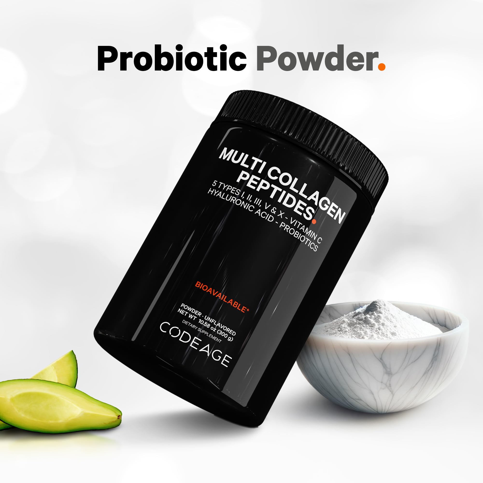 Codeage Multi Collagen Peptides Powder + Probiotics Black Edition, Vitamin C, Hyaluronic Acid Powder Supplement, Grass-Fed, Hydrolyzed, Zero Carbs, Type I, II, III, V & X, Unflavored, 10.58oz