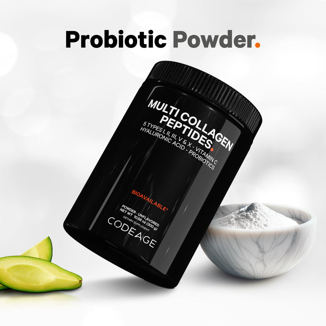 Codeage Multi Collagen Peptides Powder + Probiotics Black Edition, Vitamin C, Hyaluronic Acid Powder Supplement, Grass-Fed, Hydrolyzed, Zero Carbs, Type I, II, III, V & X, Unflavored, 10.58oz