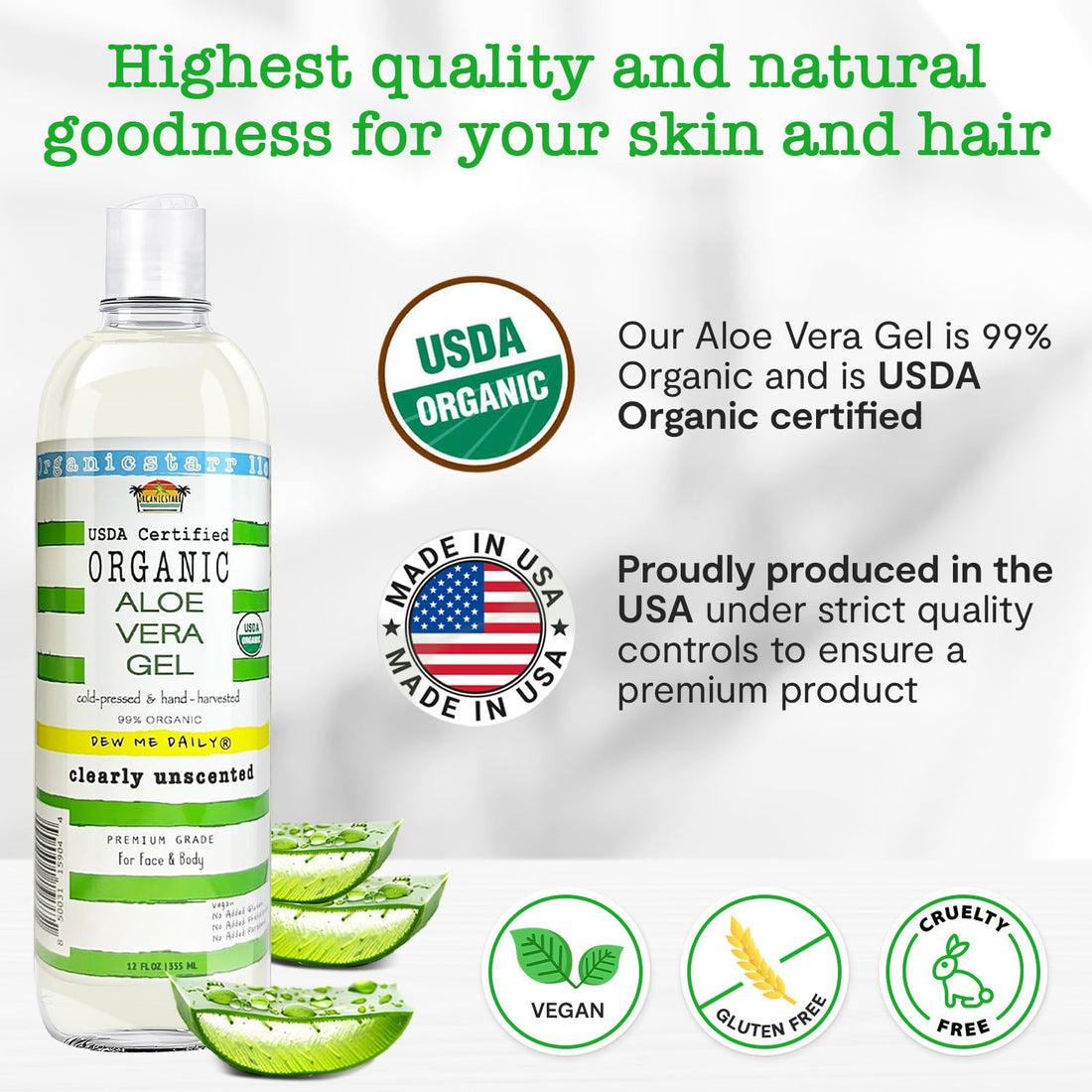 DEW ME DAILY USDA Certified Organic Aloe Vera Gel 12 oz - 100% Pure, Cold Pressed, Hand Harvested, Unscented, Chemical-Free - Skin & Hair Care, Sun-kissed Skin, Made in USA