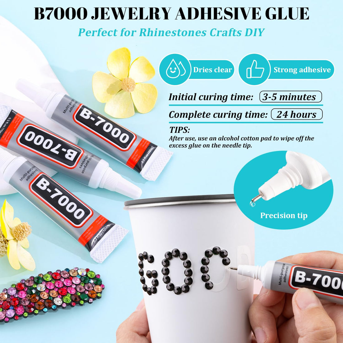 6100Pcs Resin Rhinestones for Crafting with 2Pcs 10ml B7000 Jewelry Glue, 1 Box Flatback Crystals Diamond (Black) for Bedazzling Crafts DIY Nail Art Non Hotfix Gems for Clothing Shoes Tumblers