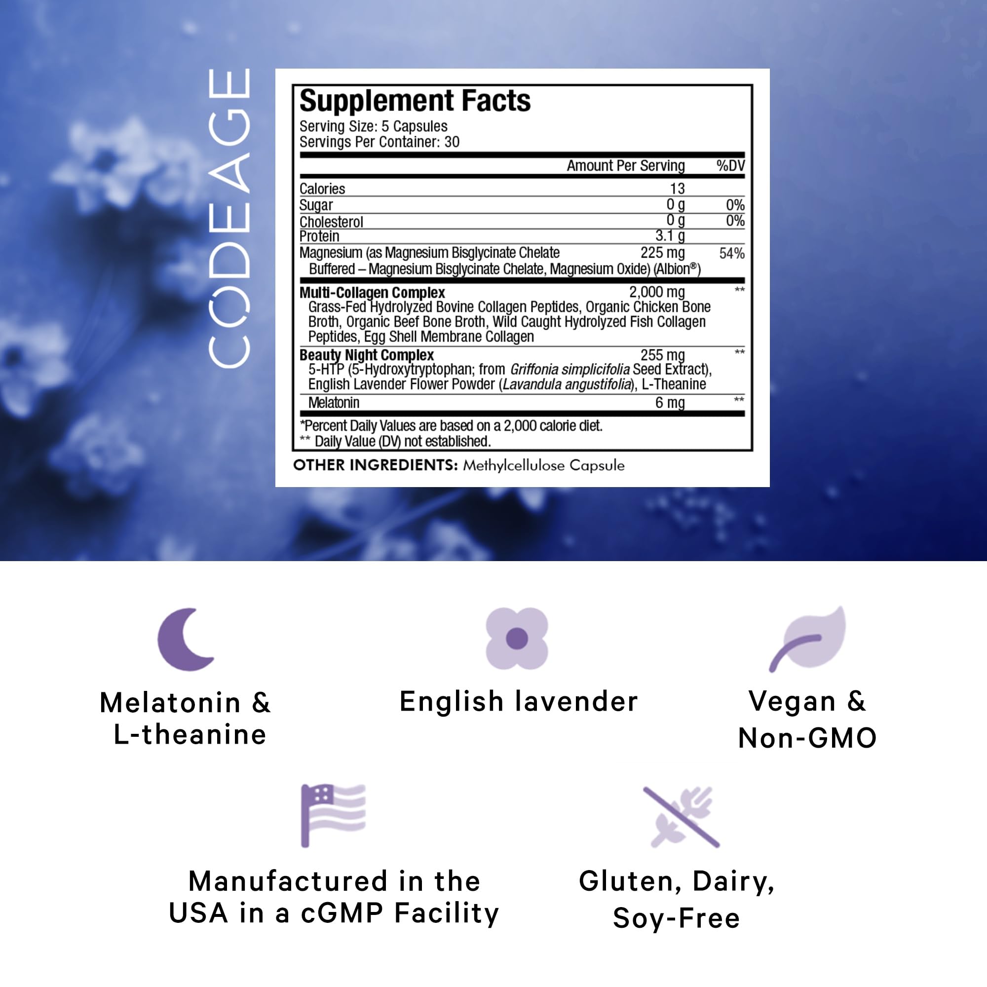 Codeage Multi Collagen Protein Beauty Night - Melatonin, Magnesium Bisglycinate, 5-HTP, L-Theanine, English Lavender Flower, Bone Broth - Vitamins - Supplement - Sleep Pills - Non-GMO - 150 Capsules