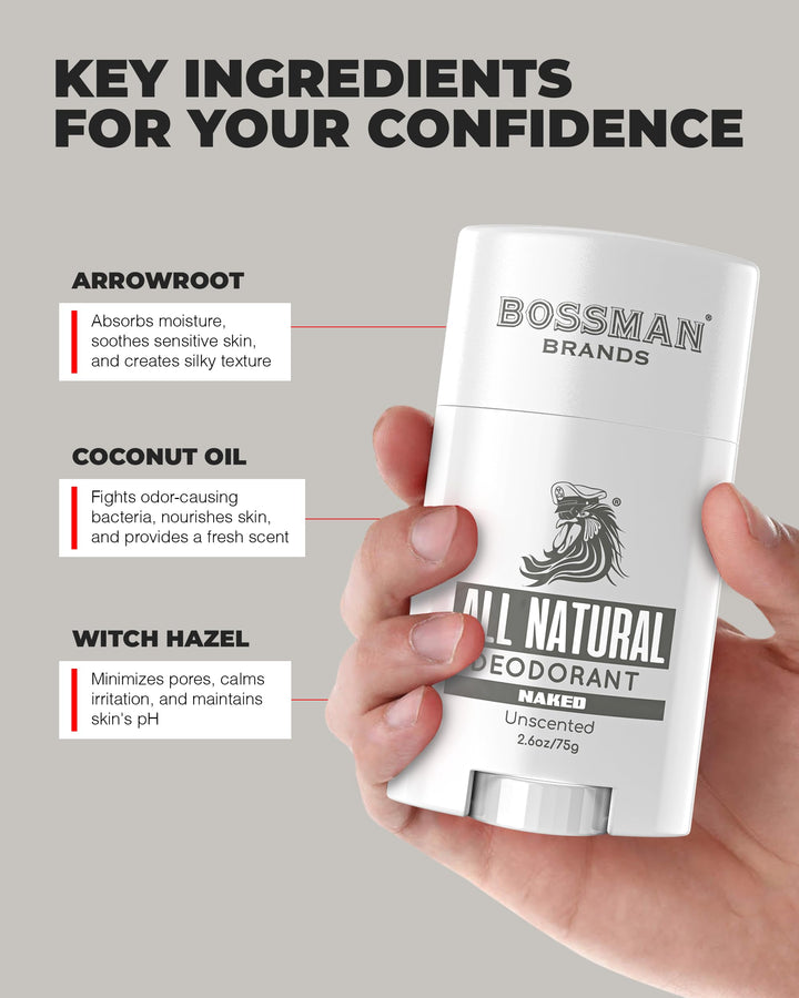 Bossman Unisex, All Natural Deodorant for Men & Women | Aluminum Free | 24 Hours of Protection | Unscented Deodorant | Naked