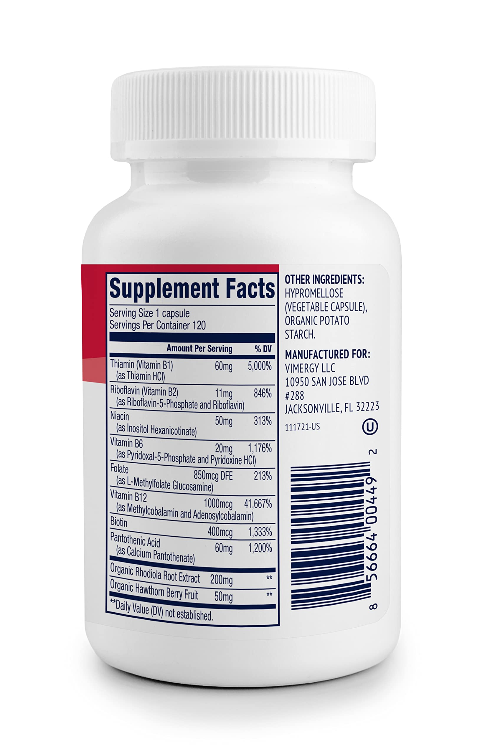 Vimergy Adapto B Complex, 120 Servings – High Potency with 8 B Vitamins, Rhodiola & Hawthorn Berry – Supports Mental Energy, Cognition, Mood - Non-GMO, Kosher, Vegan, Paleo, No Gluten, No Soy