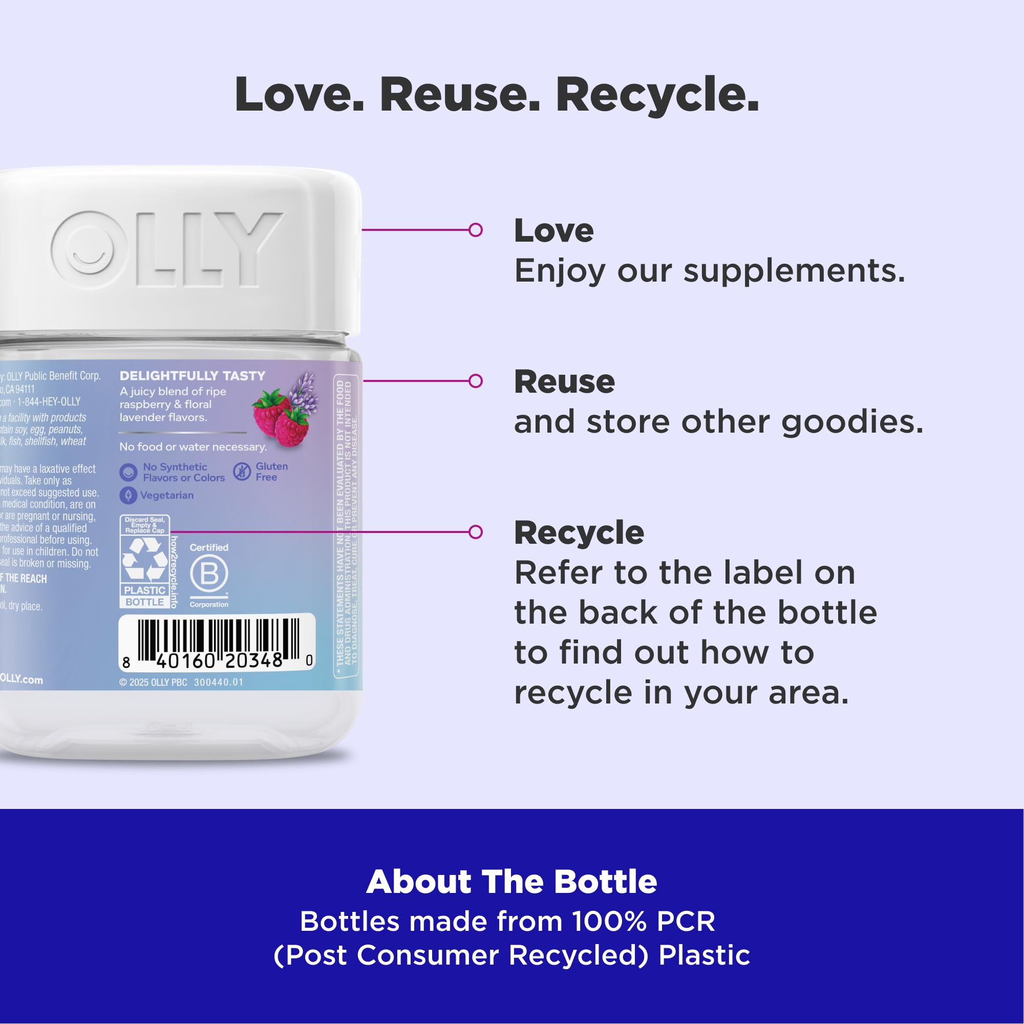 OLLY Relaxing Magnesium Gummies, Supports Muscle Relaxation*, Magnesium Citrate, Raspberry Lavender Flavor, 15 Day Supply - 60 Count