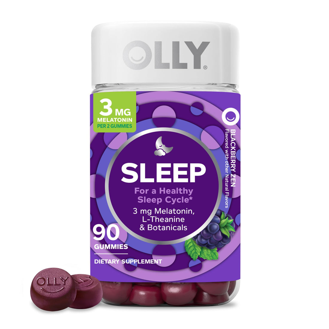 OLLY Sleep Gummy, 3mg Melatonin, L-Theanine, Chamomile, Lemon Balm, Sleep Aid, BlackBerry, 90 Count