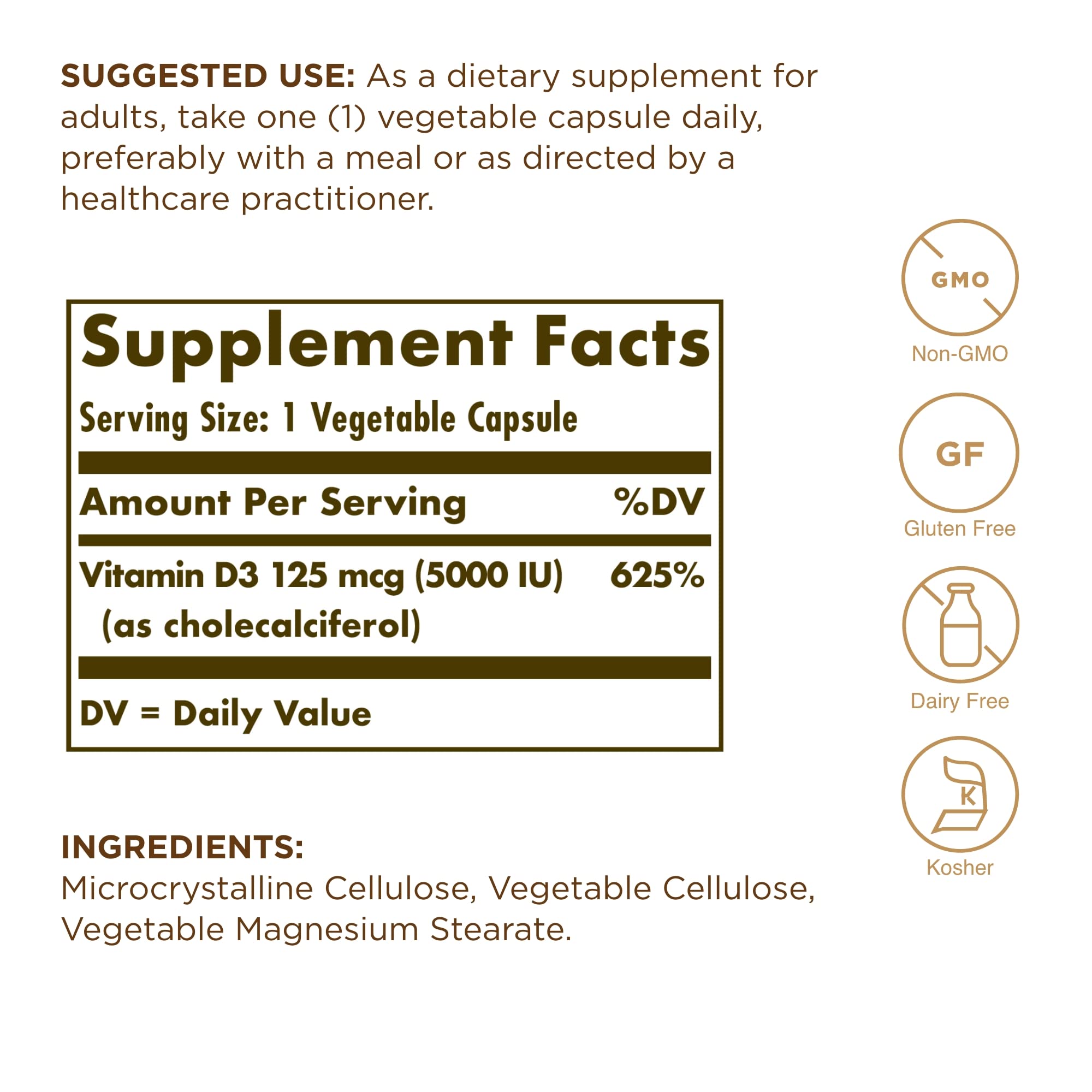 Solgar Vitamin D3 (Cholecalciferol) 125 mcg (5000 IU), 60 Vegetable Capsules - Helps Maintain Healthy Bones & Teeth - Immune System Support - Non-GMO, Gluten Free, Dairy Free - 60 Servings