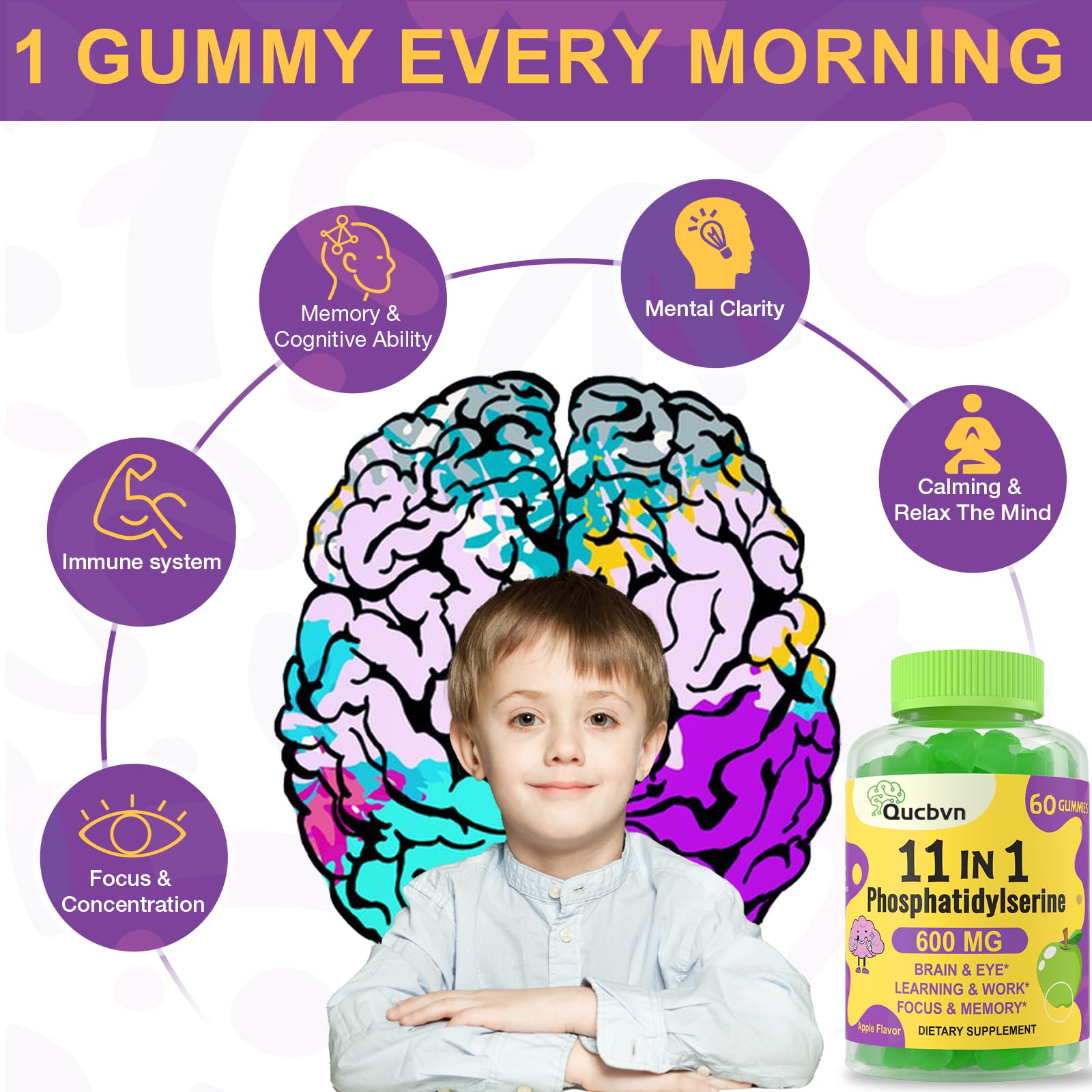 Phosphatidylserine Supplement 600mg, Alpha Brain Gummies for Memory, Cognitive, Focus and Concentration - Phosphatidylserine Memory Supplement with B6 & B12, Bacopa Monnieri and Folic Acid - 120 Count