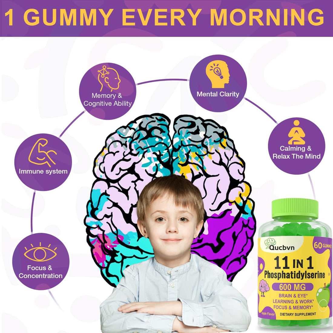 Phosphatidylserine Supplement 600mg, Alpha Brain Gummies for Memory, Cognitive, Focus and Concentration - Phosphatidylserine Memory Supplement with B6 & B12, Bacopa Monnieri and Folic Acid - 120 Count