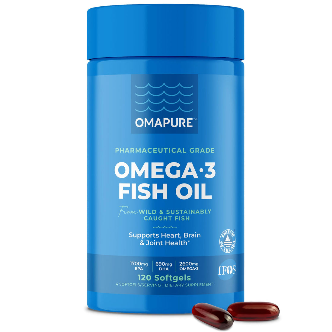 OMAPURE Fish Oil Supplements with Omega 3 Fatty Acids (1 Bottle, 120 Softgels) - High EPA, DHA, & IFOS Fish Oil Pills Support Heart & Joint Health - Burpless Fish Oil Promotes Brain Function