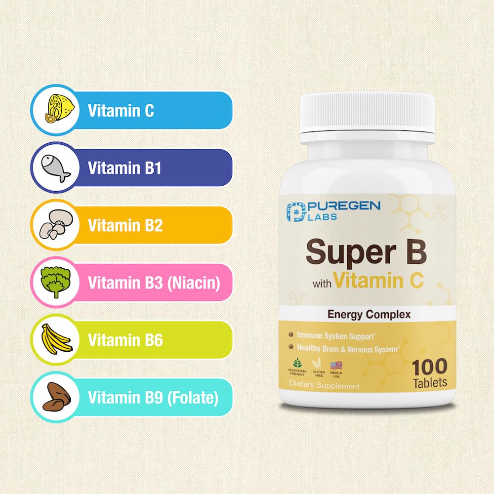 Puregen Labs Super B Energy Complex with Vitamin C - Immune Health, Energy & Nervous System Support - Non-GMO, Gluten-Free 100 Vegetarian Tablets